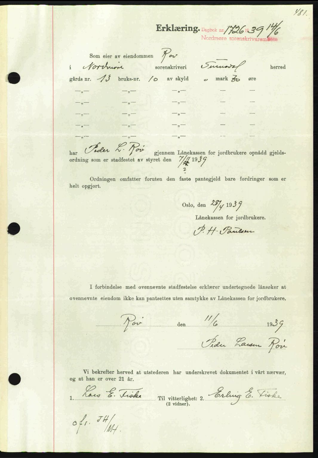 Nordmøre sorenskriveri, SAT/A-4132/1/2/2Ca: Pantebok nr. B85, 1939-1939, Dagboknr: 1726/1939