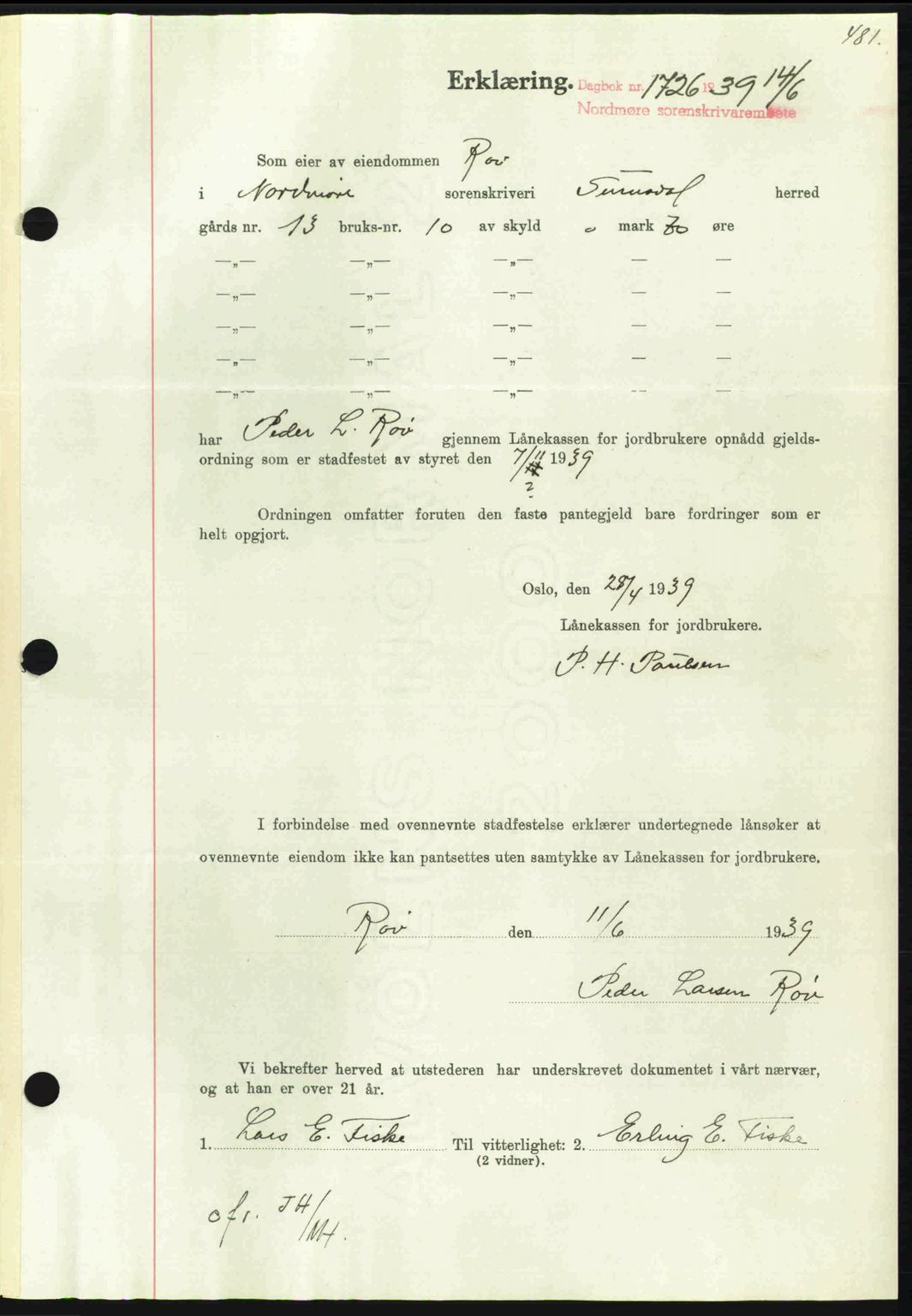 Nordmøre sorenskriveri, AV/SAT-A-4132/1/2/2Ca: Pantebok nr. B85, 1939-1939, Dagboknr: 1726/1939