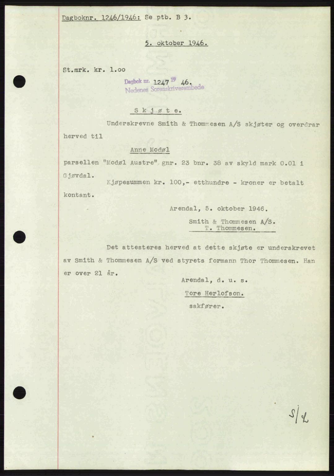 Nedenes sorenskriveri, AV/SAK-1221-0006/G/Gb/Gba/L0056: Pantebok nr. A8, 1946-1947, Dagboknr: 1246/1946