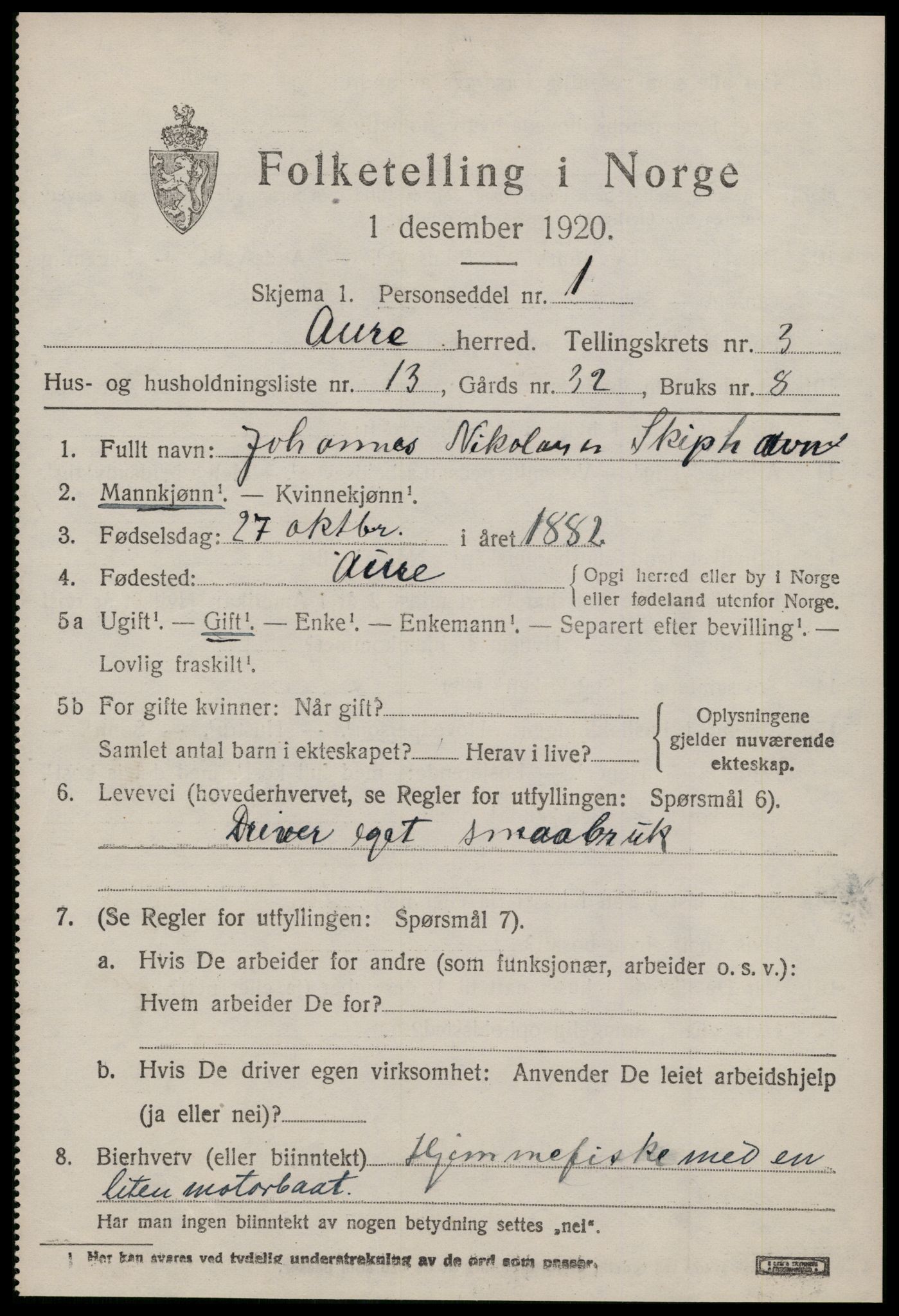 SAT, Folketelling 1920 for 1569 Aure herred, 1920, s. 1816