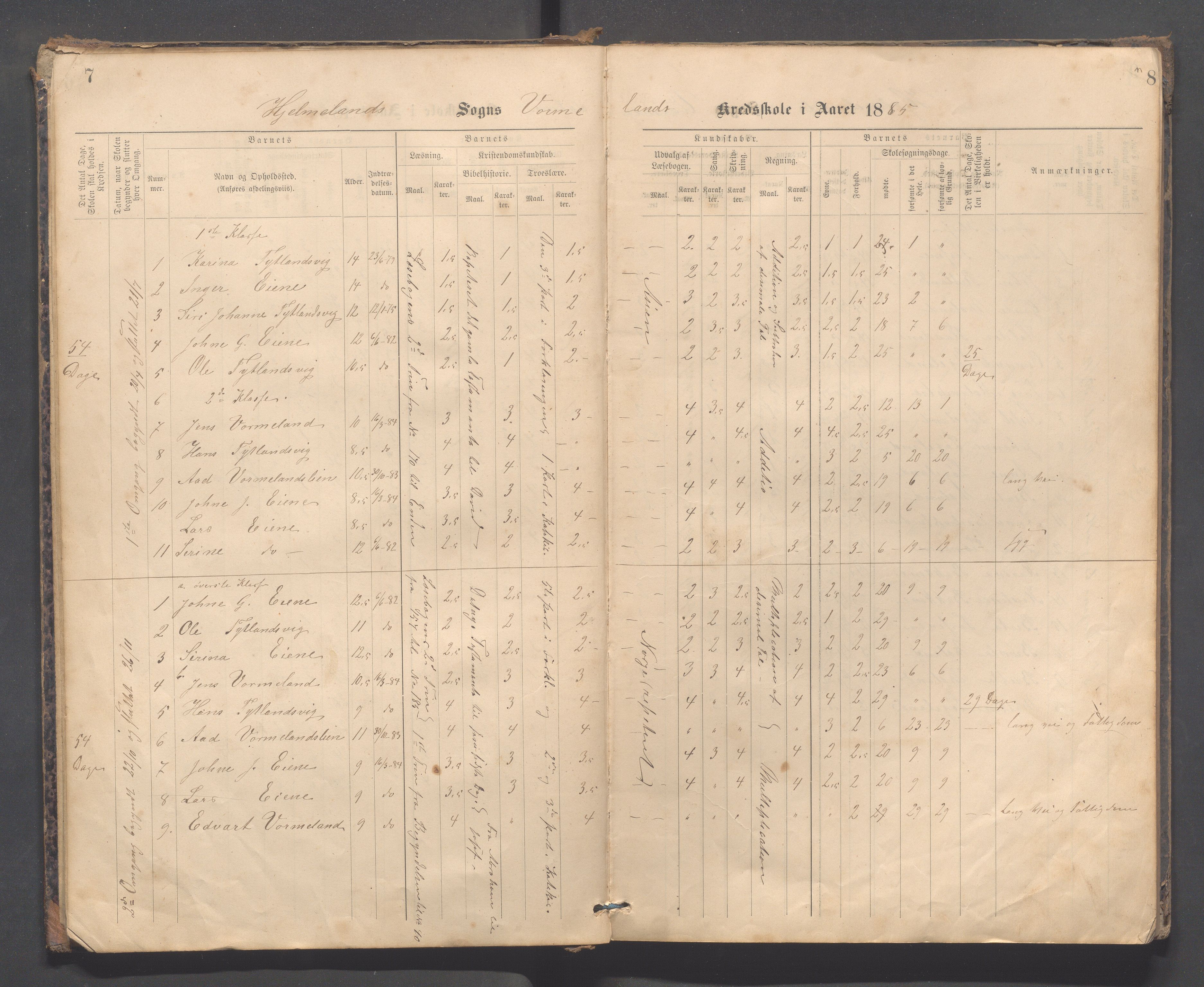 Hjelmeland kommune - Vormedalen skule, IKAR/K-102543/H/L0001: Skoleprotokoll - Vormedal,Vormeland,Fundingsland, 1885-1904, s. 7-8