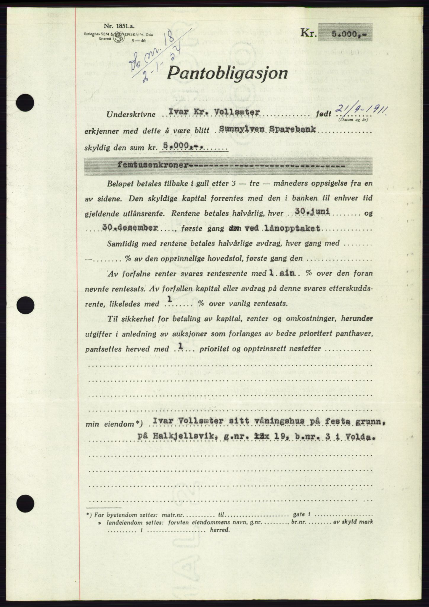 Søre Sunnmøre sorenskriveri, AV/SAT-A-4122/1/2/2C/L0124: Pantebok nr. 12B, 1953-1954, Dagboknr: 18/1954