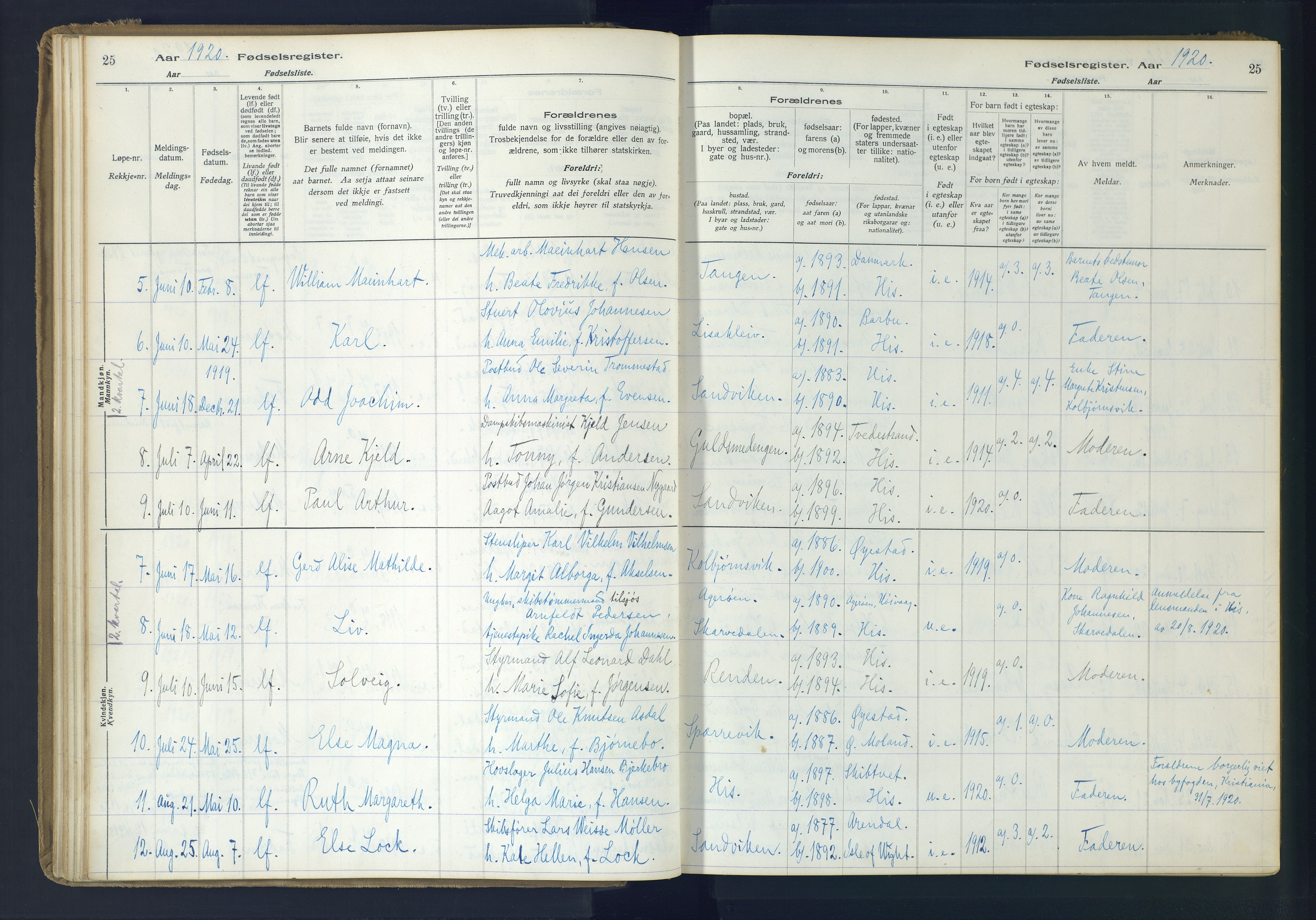 Hisøy sokneprestkontor, SAK/1111-0020/J/Ja/L0001: Fødselsregister nr. A-VI-14, 1916-1951, s. 25