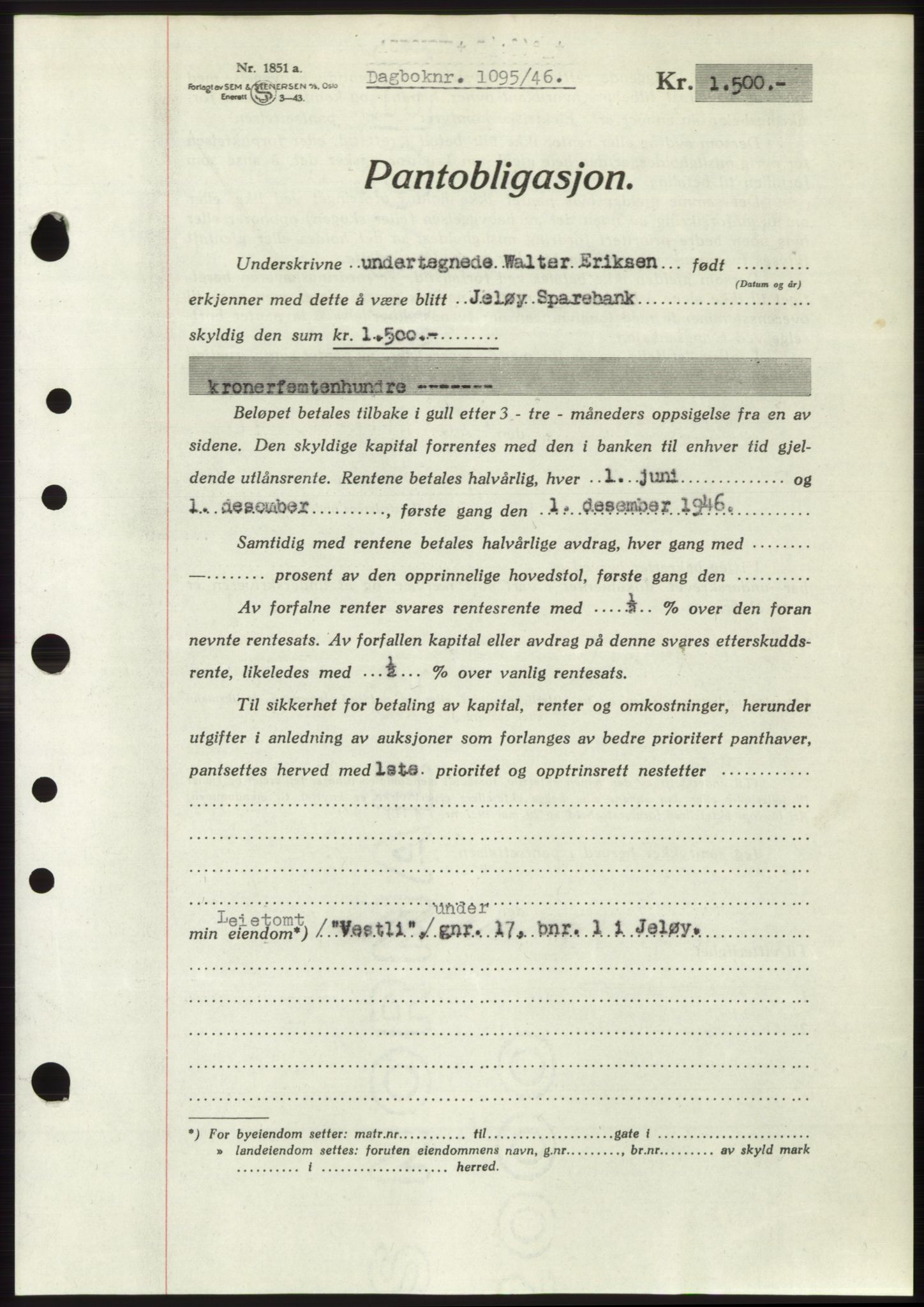Moss sorenskriveri, SAO/A-10168: Pantebok nr. B15, 1946-1946, Dagboknr: 1095/1946
