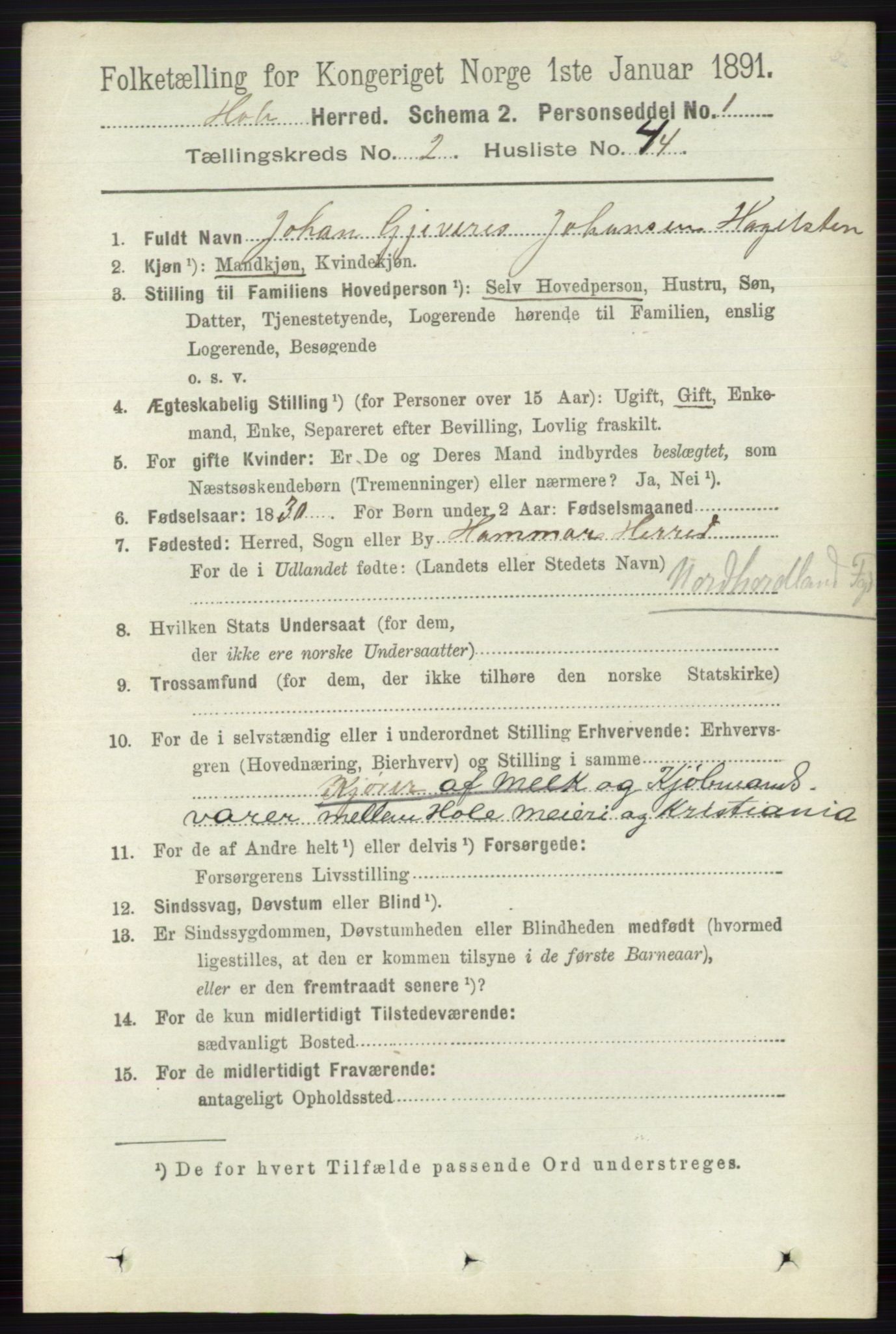 RA, Folketelling 1891 for 0612 Hole herred, 1891, s. 942