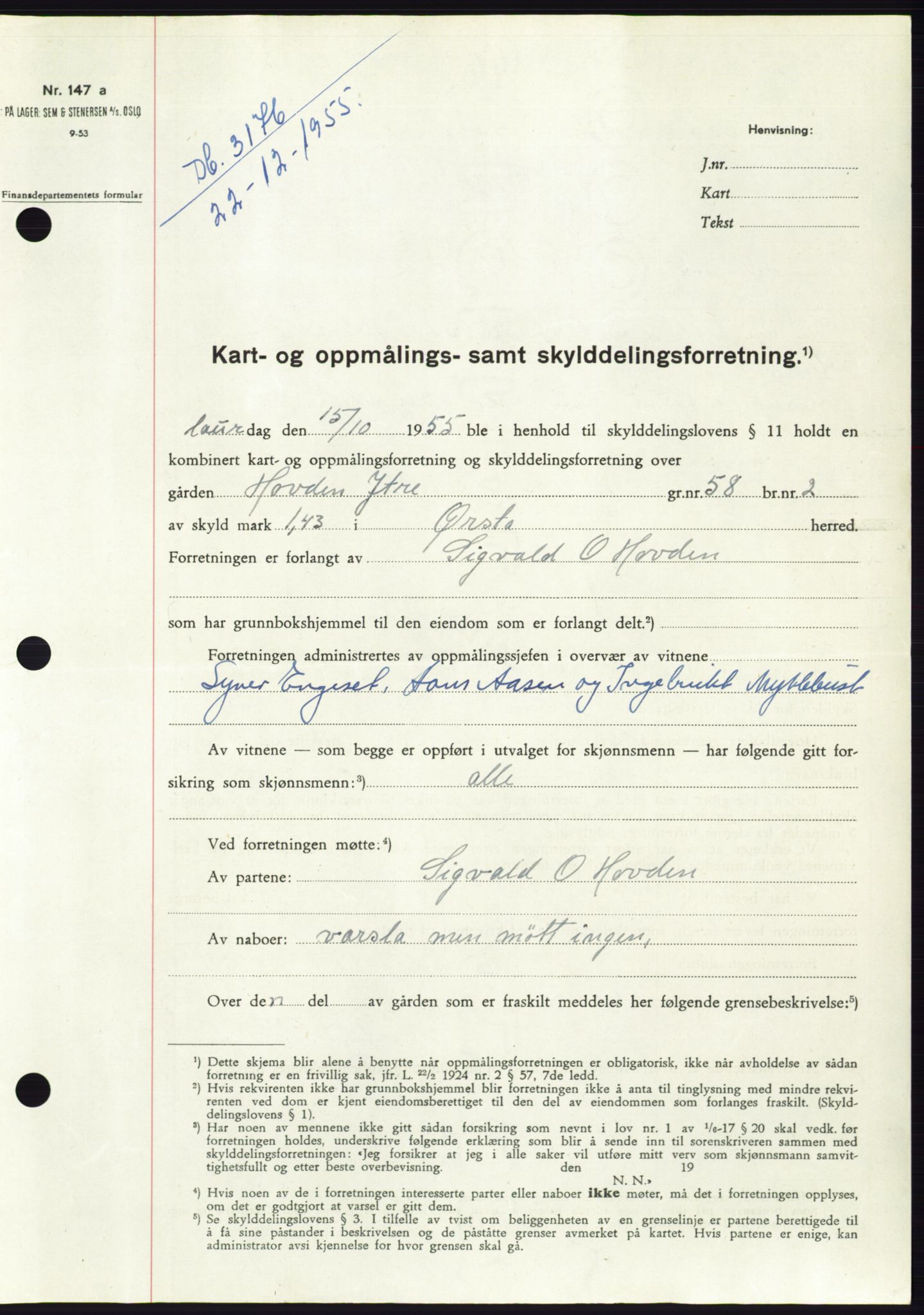 Søre Sunnmøre sorenskriveri, SAT/A-4122/1/2/2C/L0102: Pantebok nr. 28A, 1955-1956, Dagboknr: 3176/1955