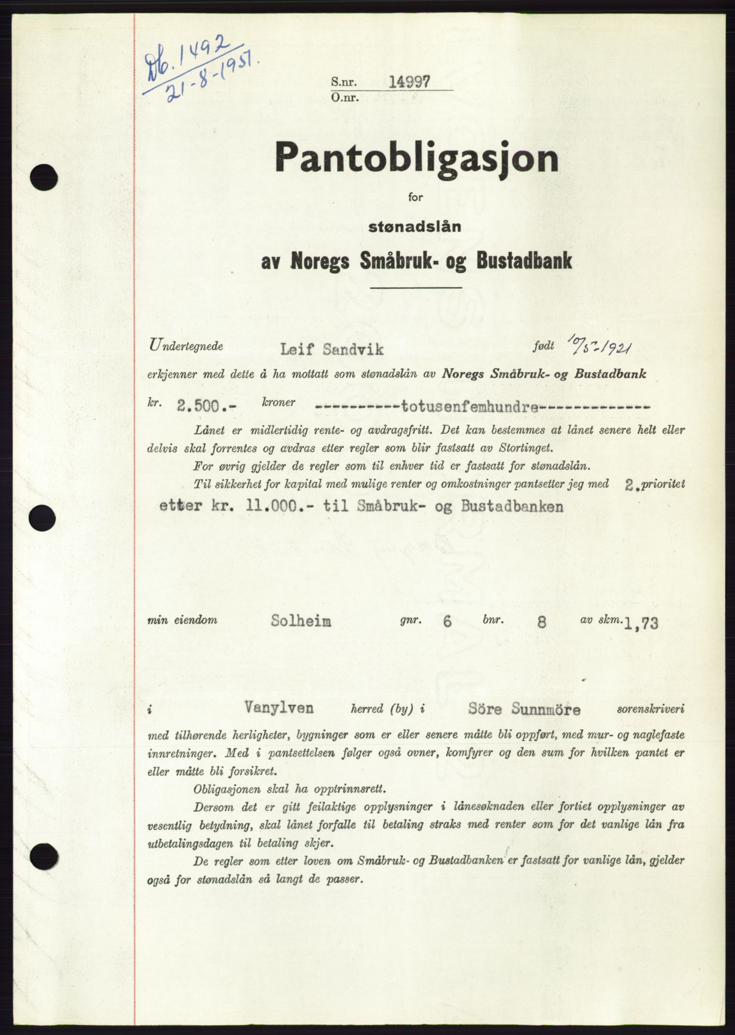 Søre Sunnmøre sorenskriveri, SAT/A-4122/1/2/2C/L0120: Pantebok nr. 8B, 1951-1951, Dagboknr: 1492/1951