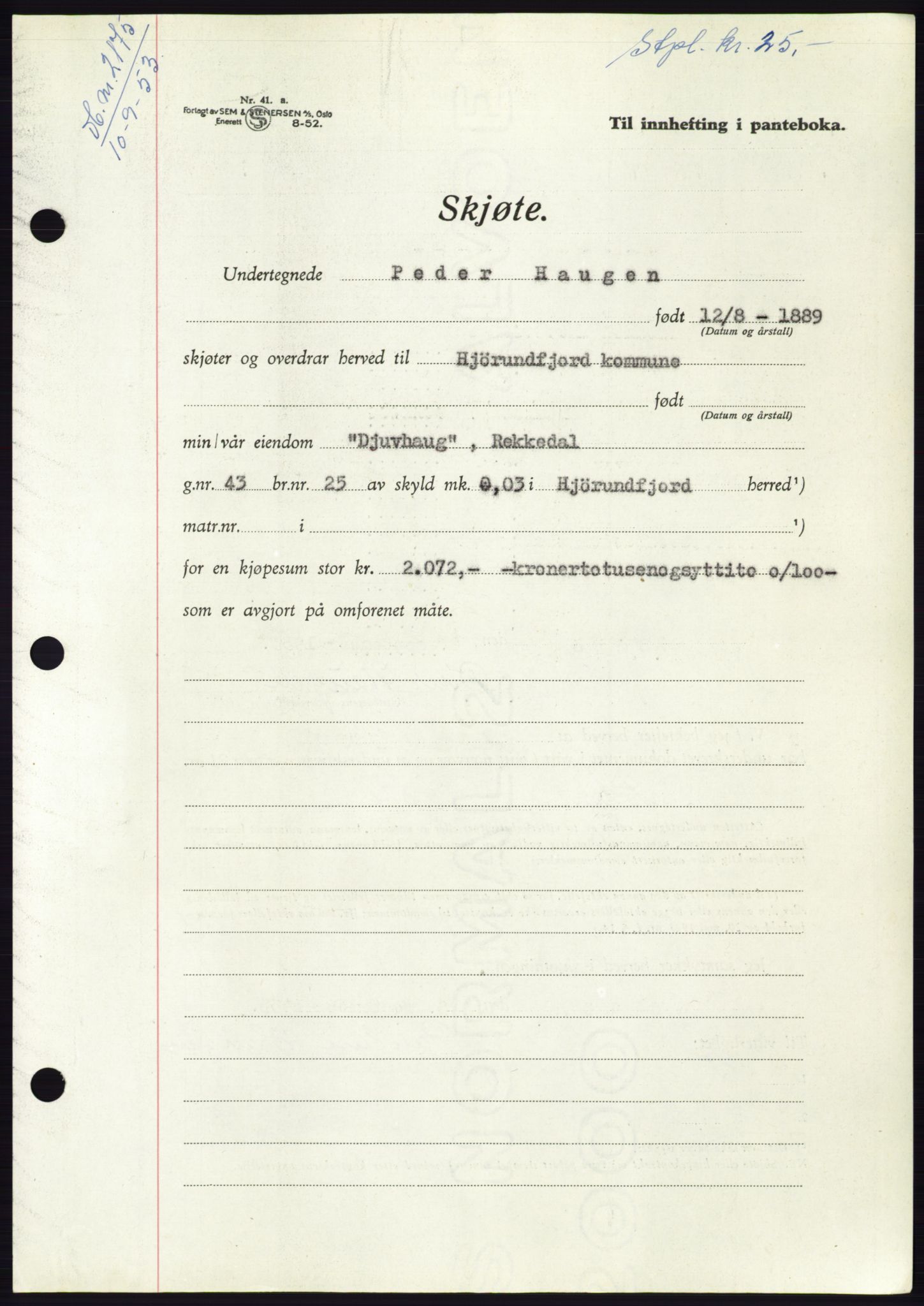 Søre Sunnmøre sorenskriveri, AV/SAT-A-4122/1/2/2C/L0095: Pantebok nr. 21A, 1953-1953, Dagboknr: 2175/1953