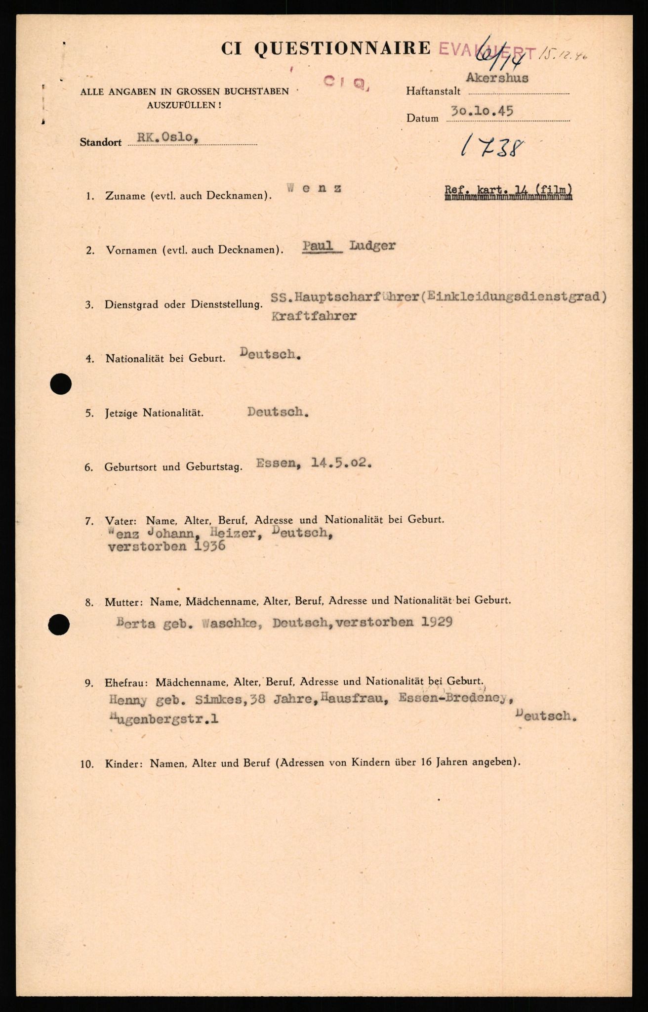 Forsvaret, Forsvarets overkommando II, AV/RA-RAFA-3915/D/Db/L0035: CI Questionaires. Tyske okkupasjonsstyrker i Norge. Tyskere., 1945-1946, s. 343