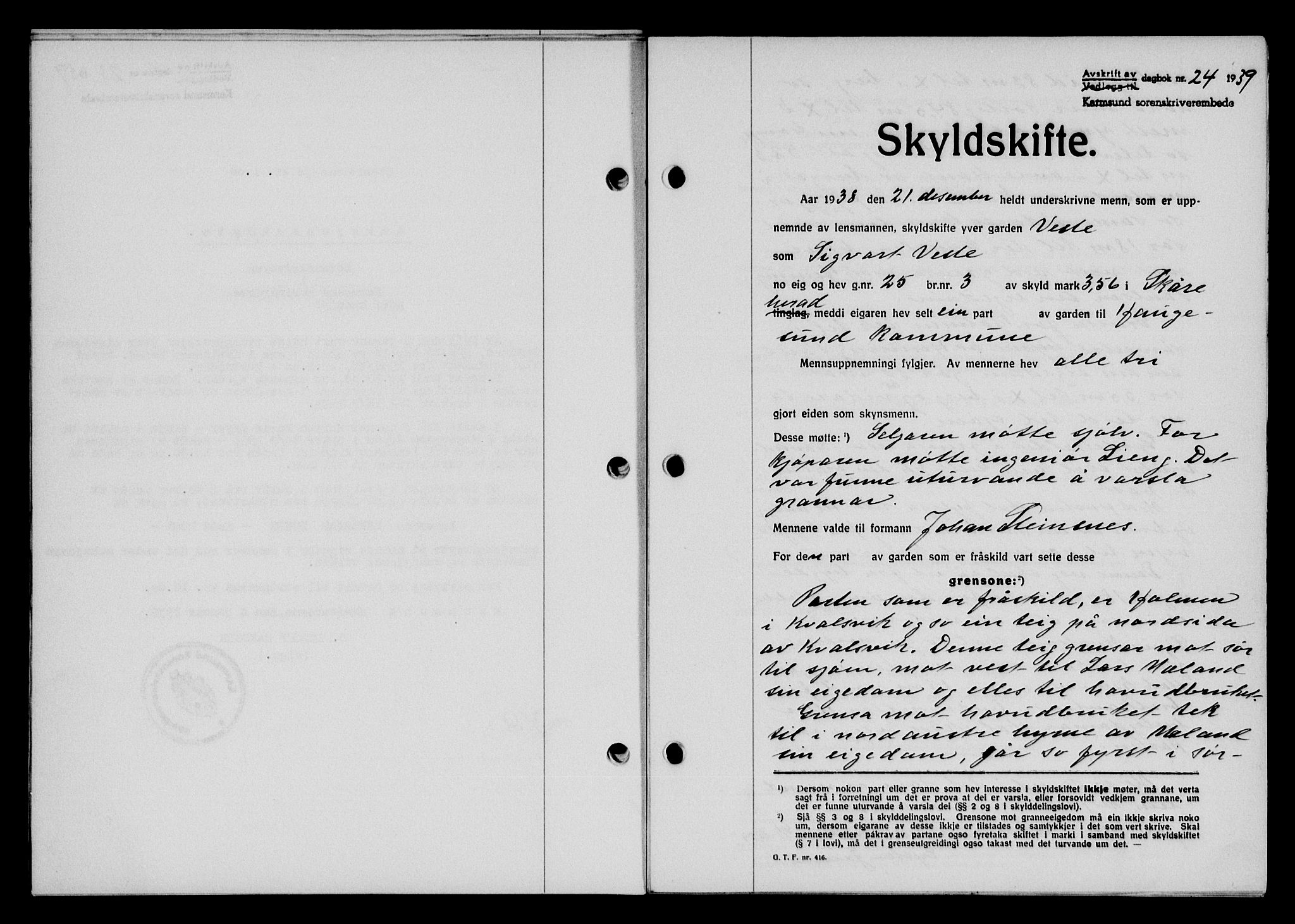 Karmsund sorenskriveri, SAST/A-100311/01/II/IIB/L0070: Pantebok nr. 51A, 1938-1939, Dagboknr: 24/1939