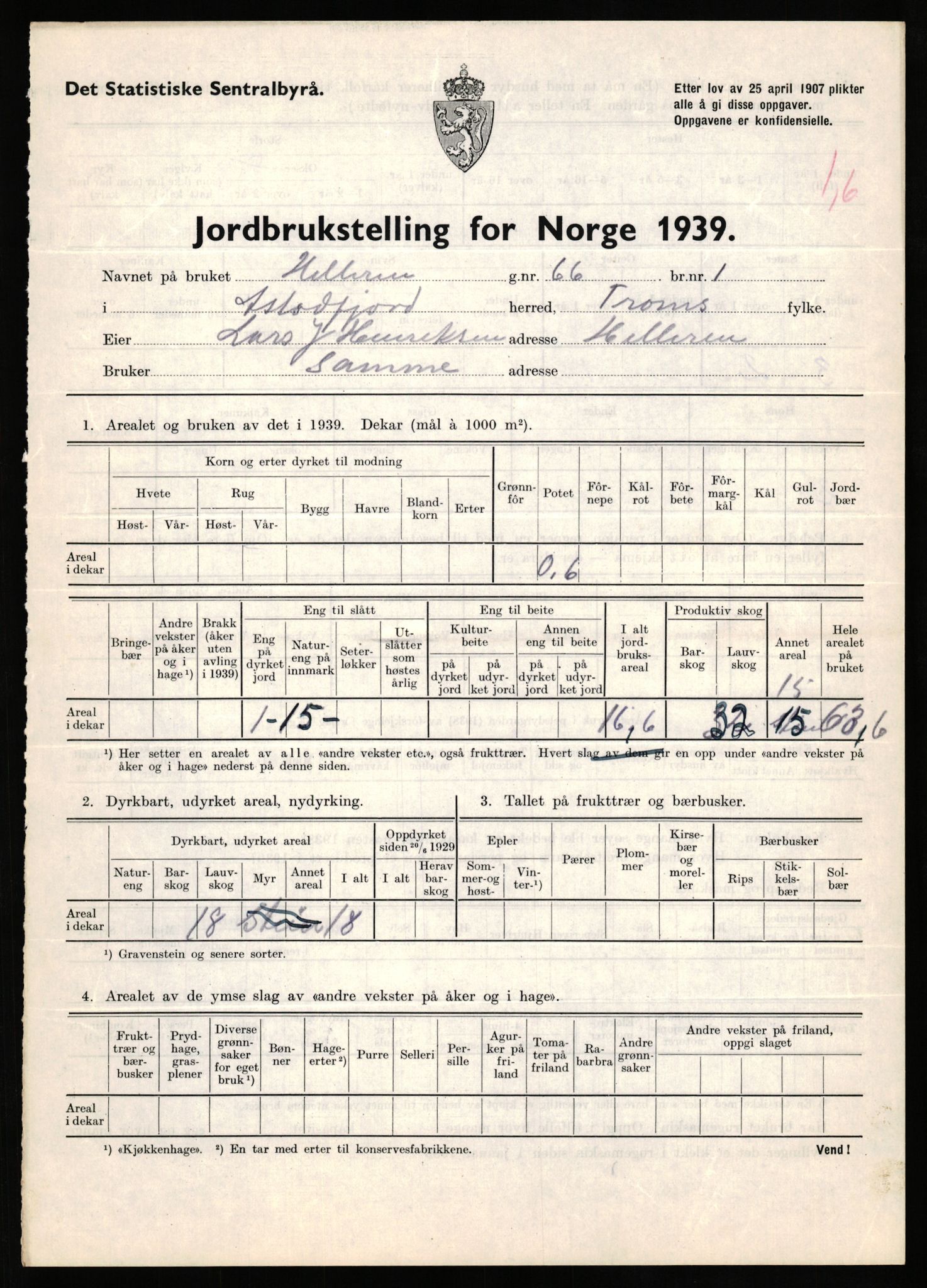 Statistisk sentralbyrå, Næringsøkonomiske emner, Jordbruk, skogbruk, jakt, fiske og fangst, AV/RA-S-2234/G/Gb/L0339: Troms: Andørja, Astafjord og Lavangen, 1939, s. 84