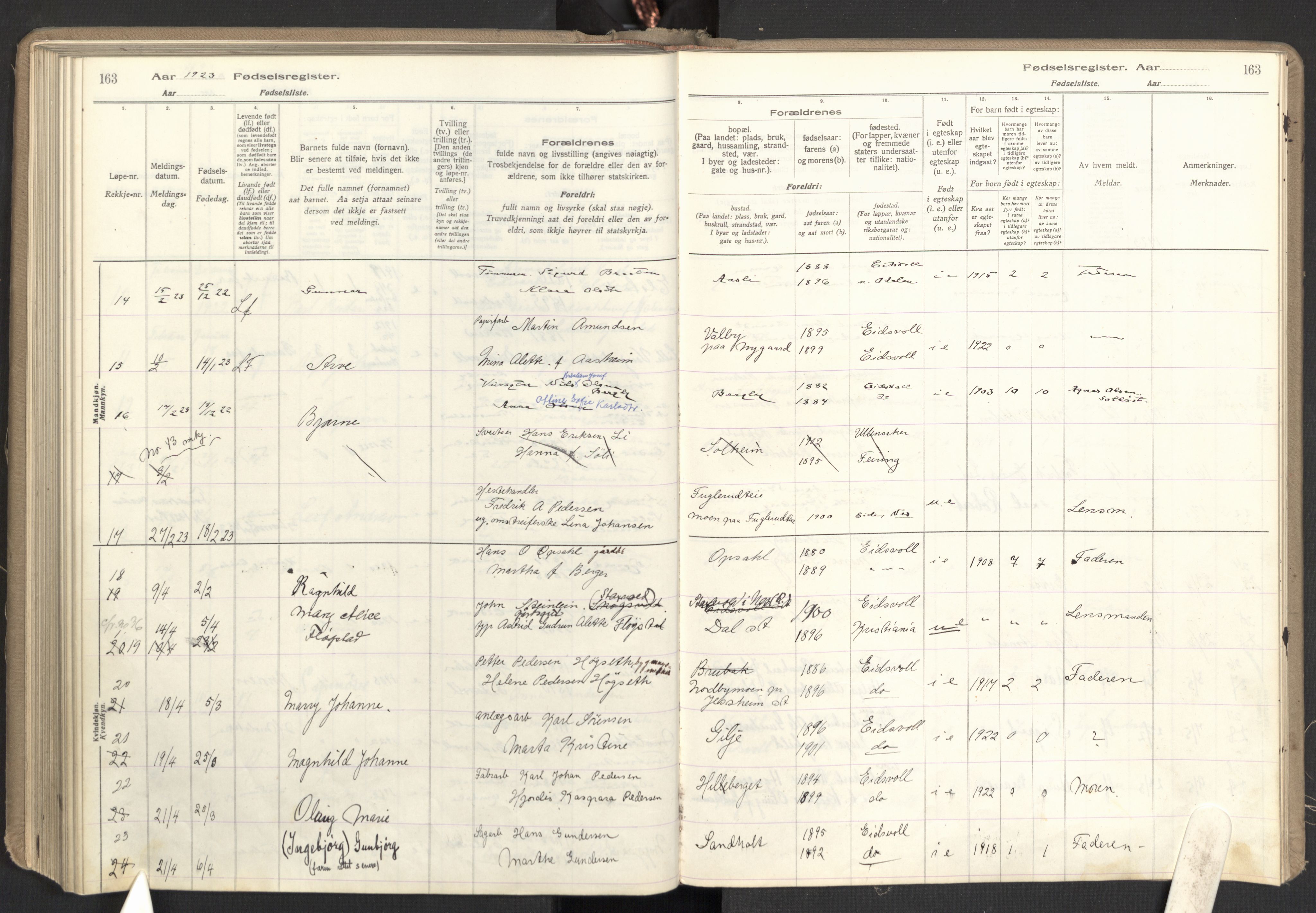 Eidsvoll prestekontor Kirkebøker, AV/SAO-A-10888/J/Ja/L0001: Fødselsregister nr. I 1, 1916-1924, s. 163