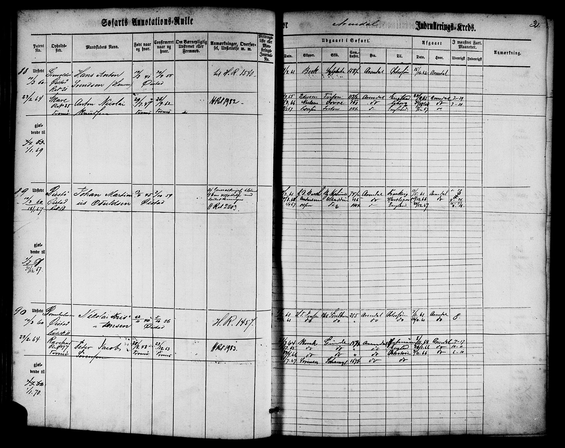 Arendal mønstringskrets, SAK/2031-0012/F/Fa/L0001: Annotasjonsrulle nr 1-794 med register, E-1, 1860-1865, s. 60