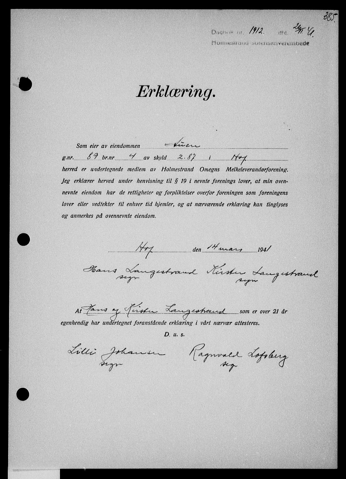 Holmestrand sorenskriveri, SAKO/A-67/G/Ga/Gaa/L0054: Pantebok nr. A-54, 1941-1942, Dagboknr: 1912/1941