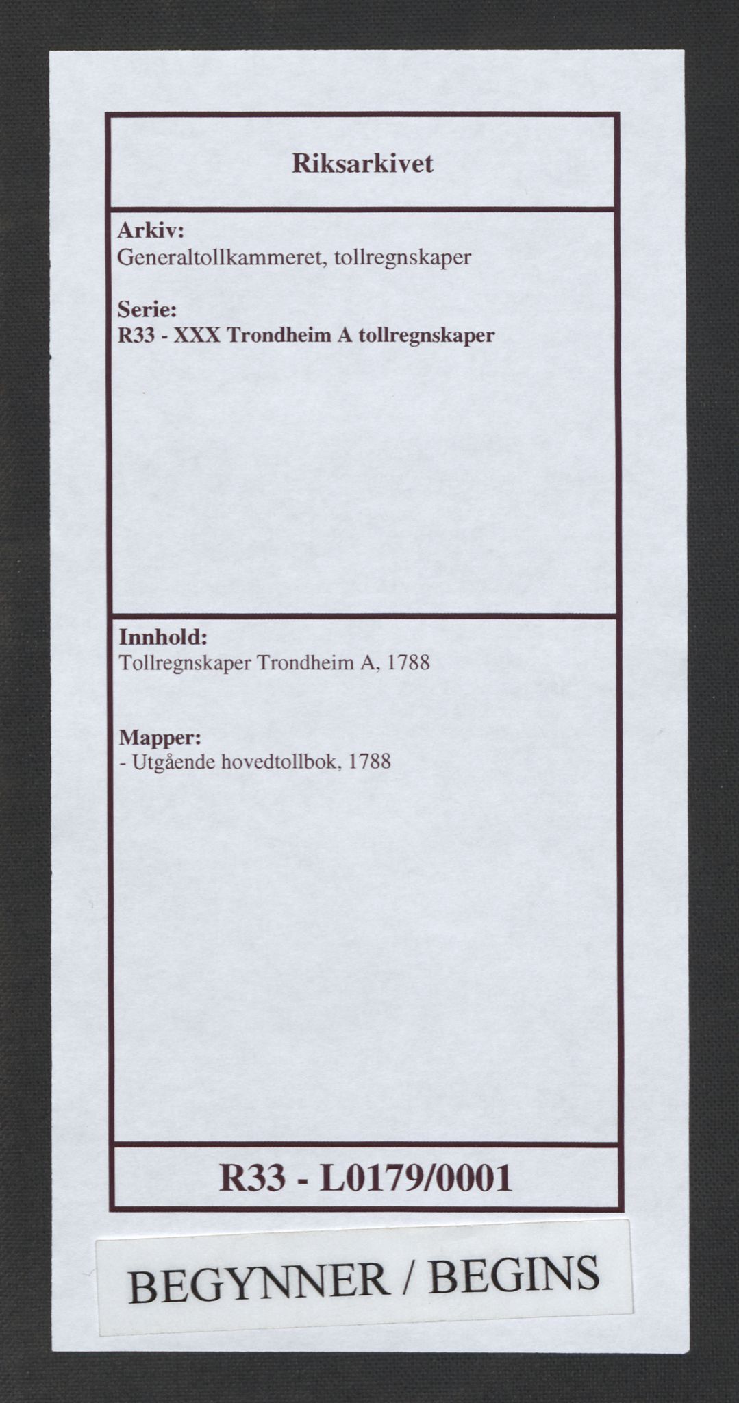 Generaltollkammeret, tollregnskaper, RA/EA-5490/R33/L0179/0001: Tollregnskaper Trondheim A / Utgående hovedtollbok, 1788