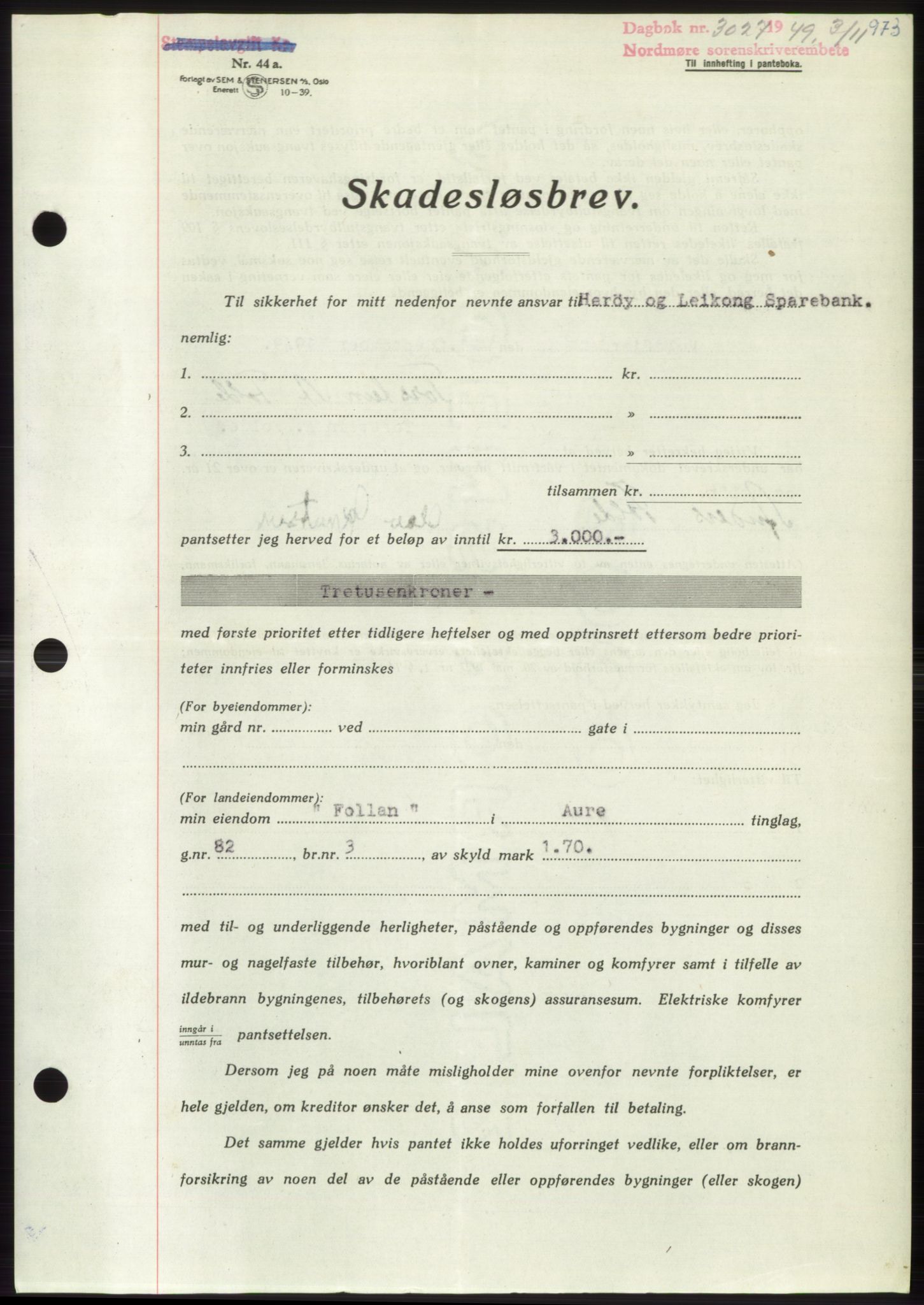 Nordmøre sorenskriveri, SAT/A-4132/1/2/2Ca: Pantebok nr. B102, 1949-1949, Dagboknr: 3027/1949