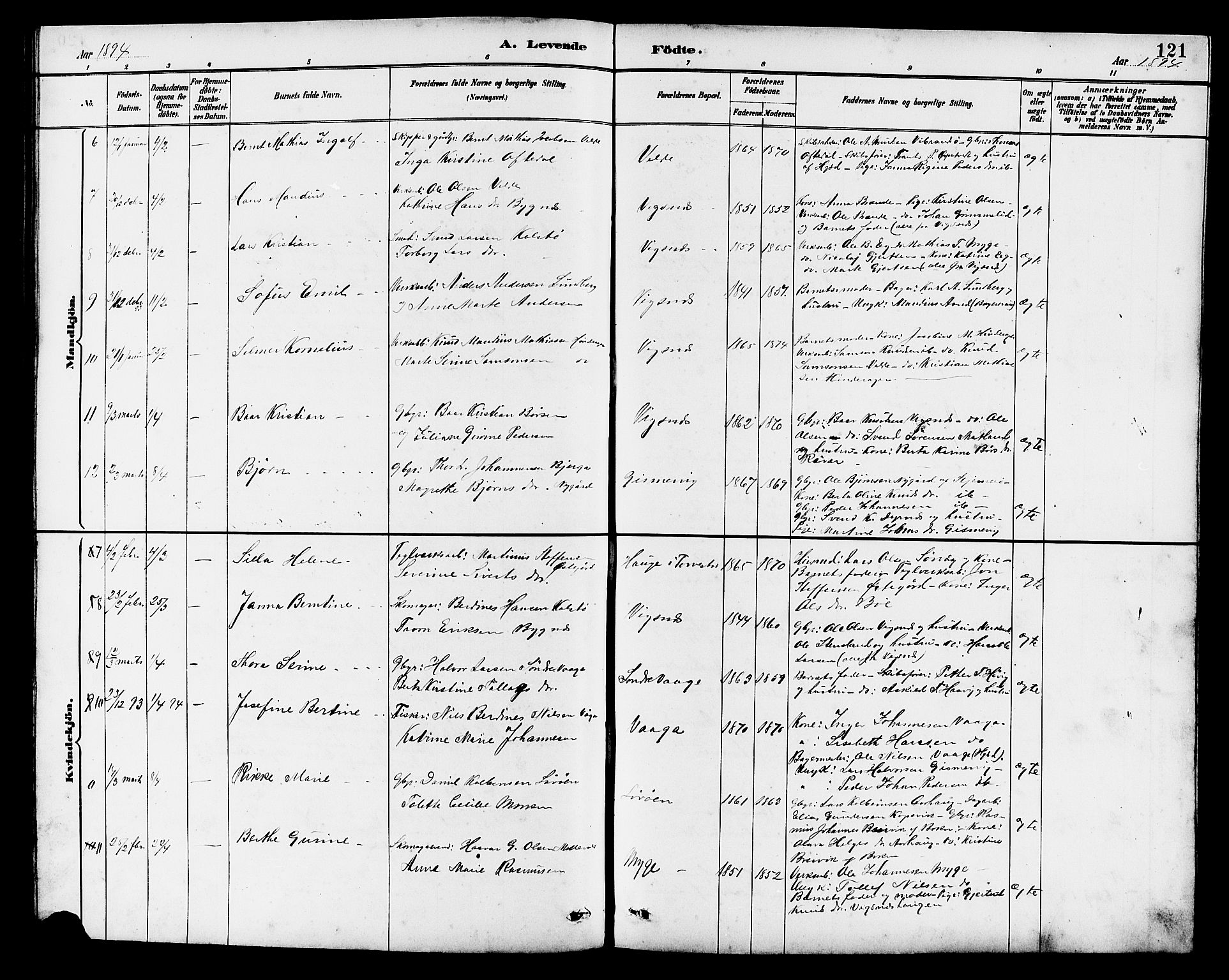 Avaldsnes sokneprestkontor, AV/SAST-A -101851/H/Ha/Hab/L0007: Klokkerbok nr. B 7, 1885-1909, s. 121