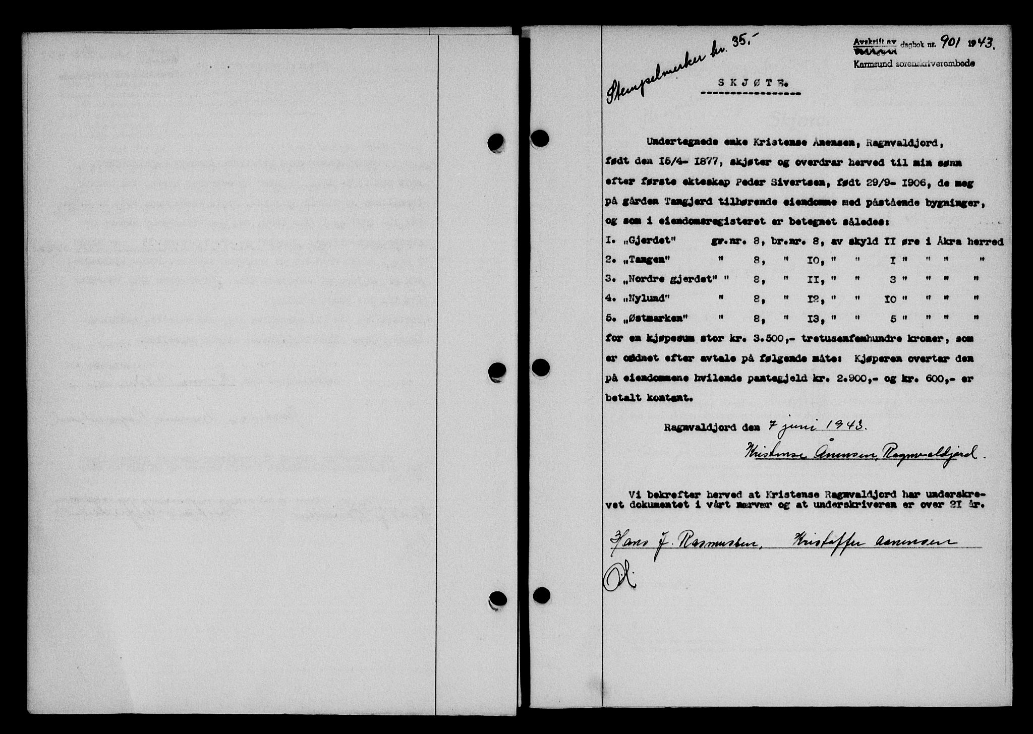 Karmsund sorenskriveri, SAST/A-100311/01/II/IIB/L0079: Pantebok nr. 60A, 1942-1943, Dagboknr: 901/1943