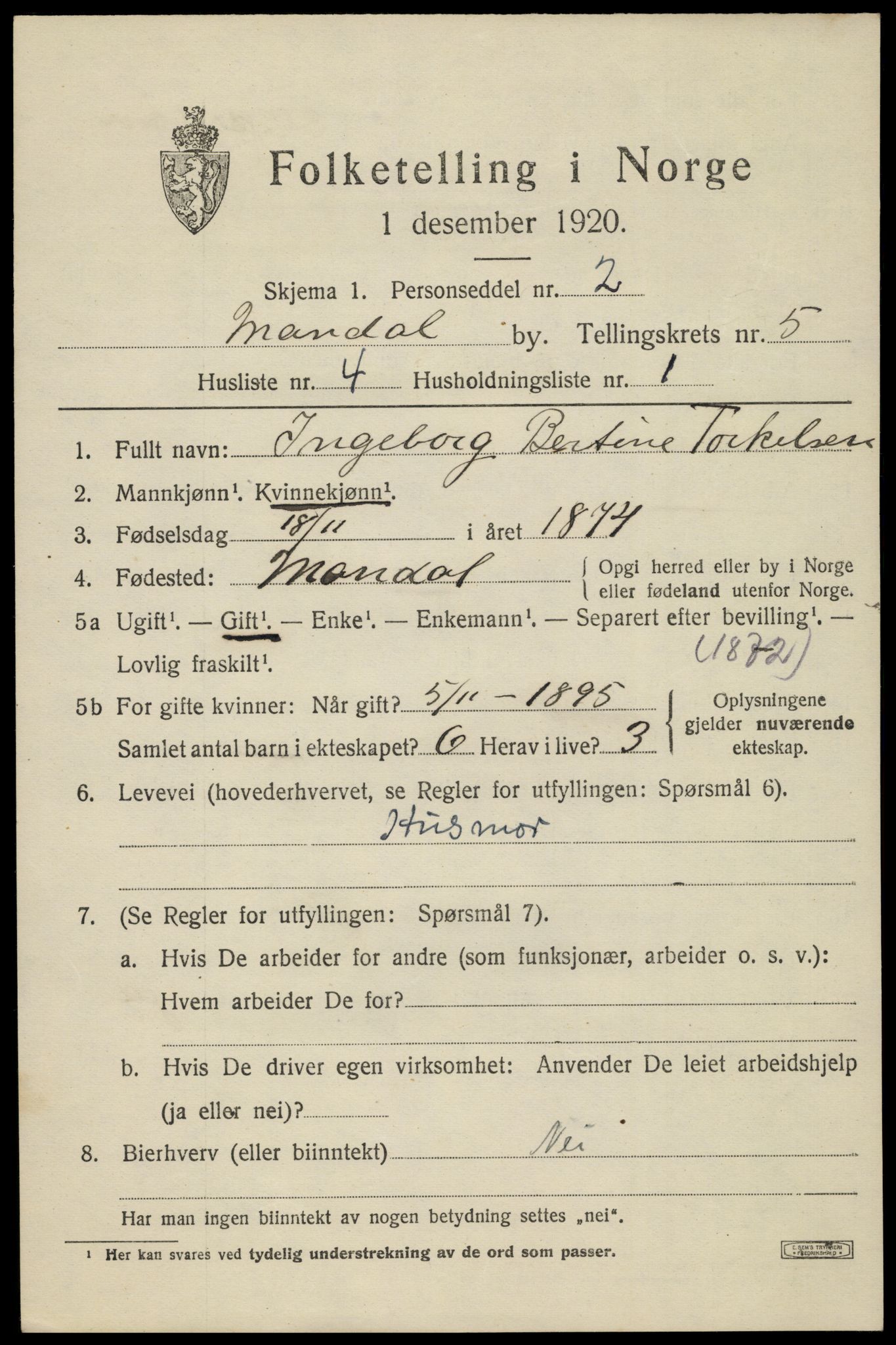 SAK, Folketelling 1920 for 1002 Mandal ladested, 1920, s. 8227