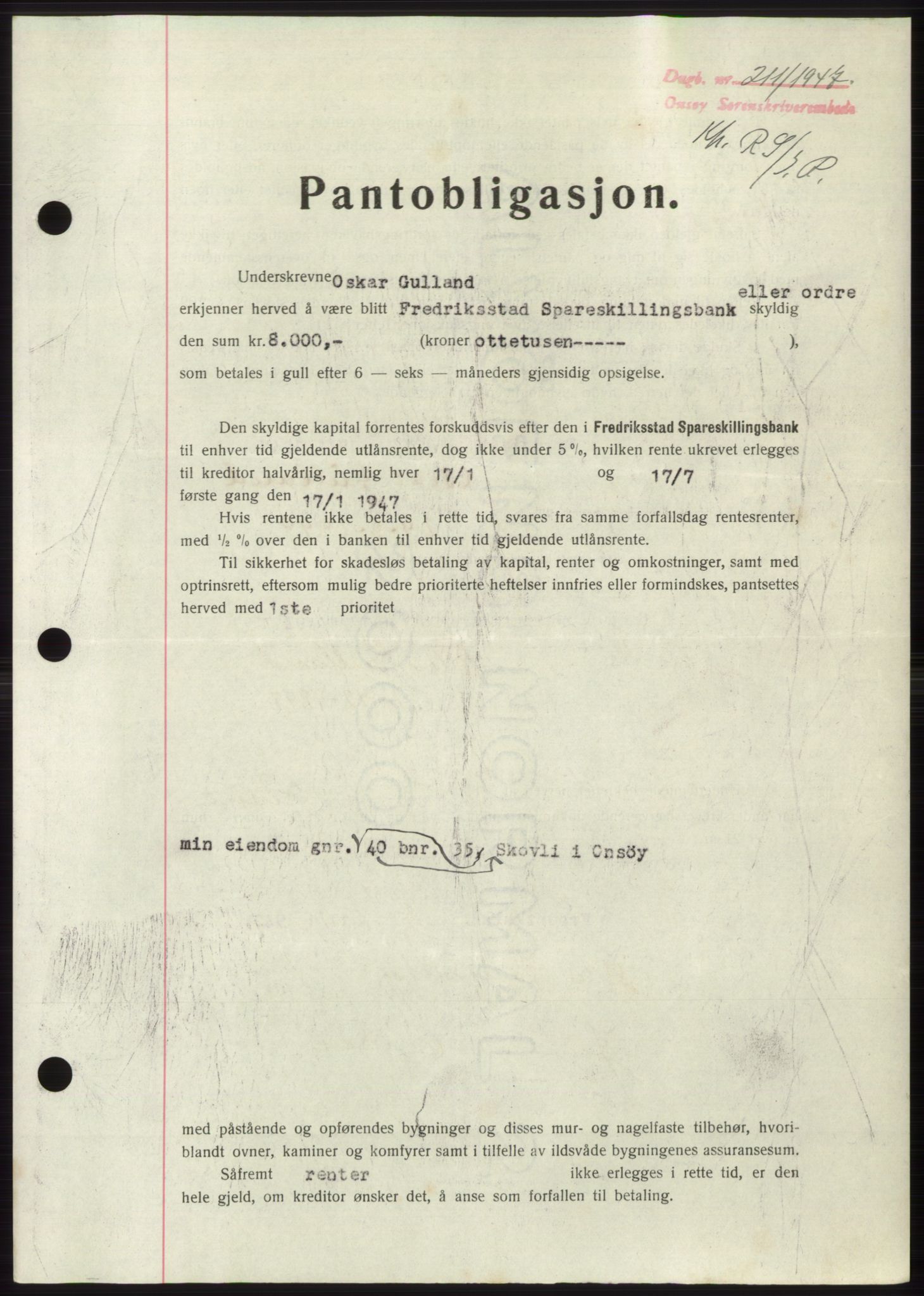 Onsøy sorenskriveri, SAO/A-10474/G/Ga/Gac/L0005: Pantebok nr. B 9-5, 1946-1947, Dagboknr: 211/1947