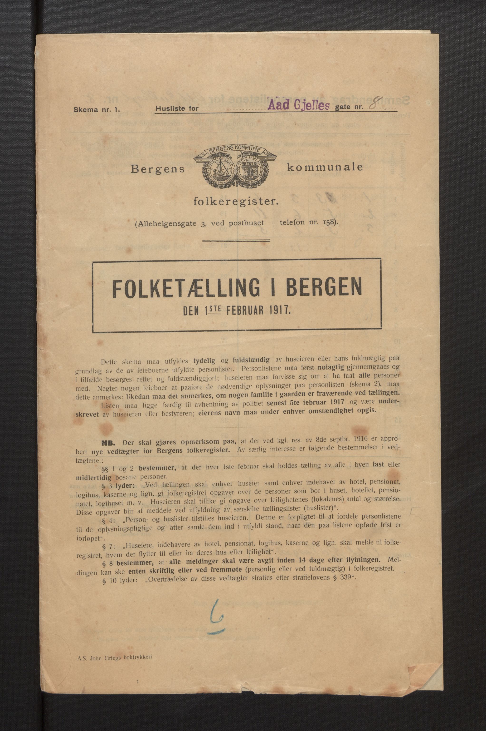 SAB, Kommunal folketelling 1917 for Bergen kjøpstad, 1917, s. 1