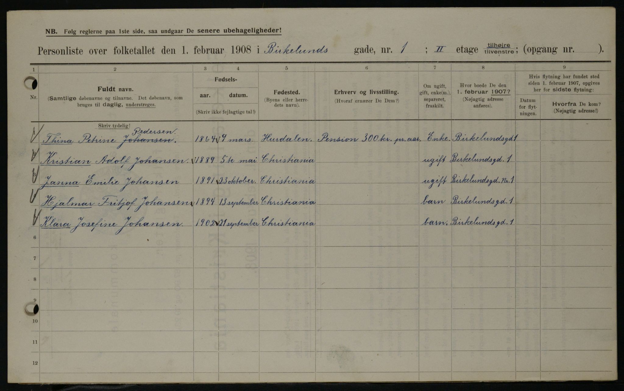 OBA, Kommunal folketelling 1.2.1908 for Kristiania kjøpstad, 1908, s. 4950