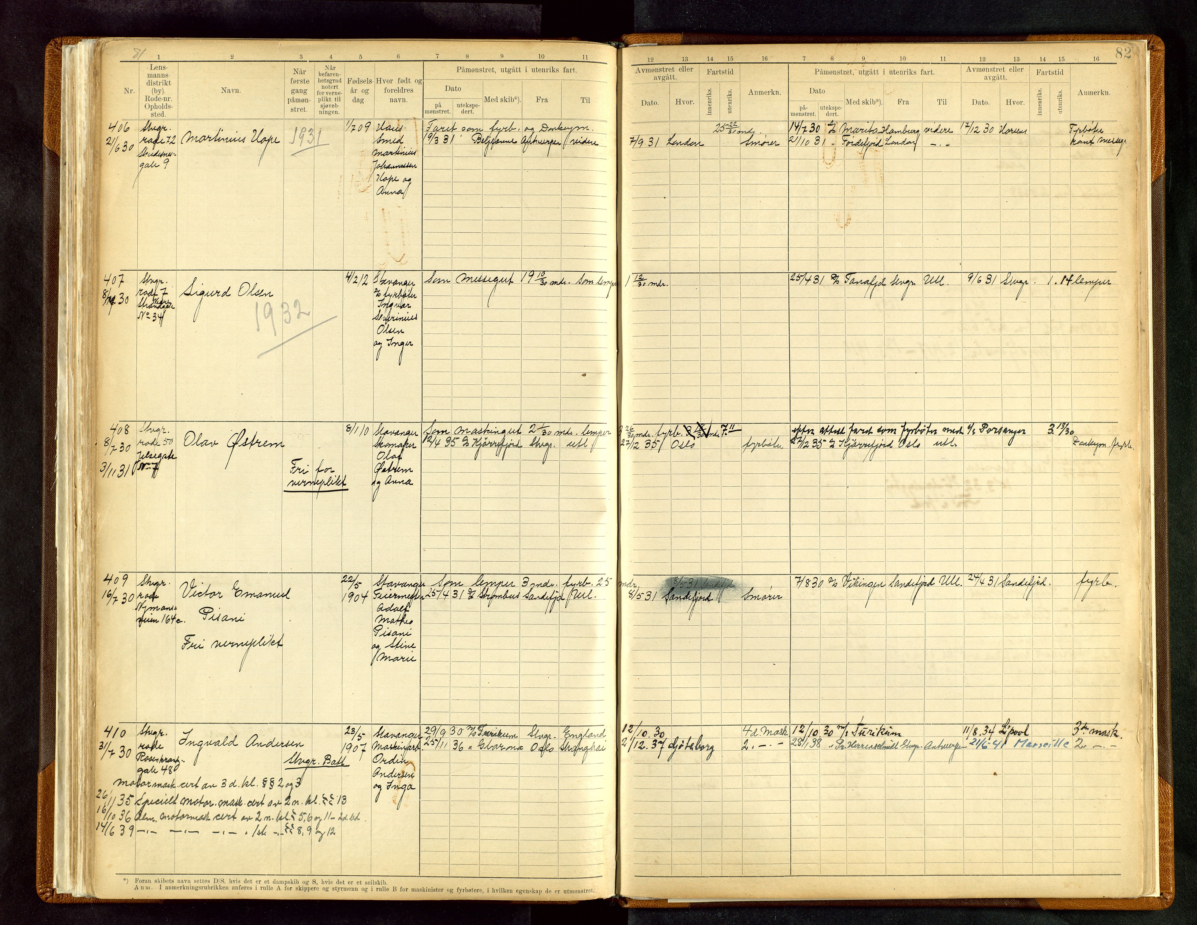 Stavanger sjømannskontor, AV/SAST-A-102006/F/Fe/L0003: Maskinist- og fyrbøterrulle, patentnr. 1-459, 1921-1948, s. 86