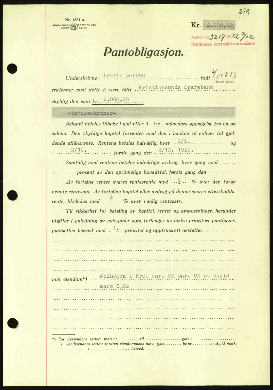 Nordmøre sorenskriveri, SAT/A-4132/1/2/2Ca: Pantebok nr. B90, 1942-1943, Dagboknr: 3217/1942