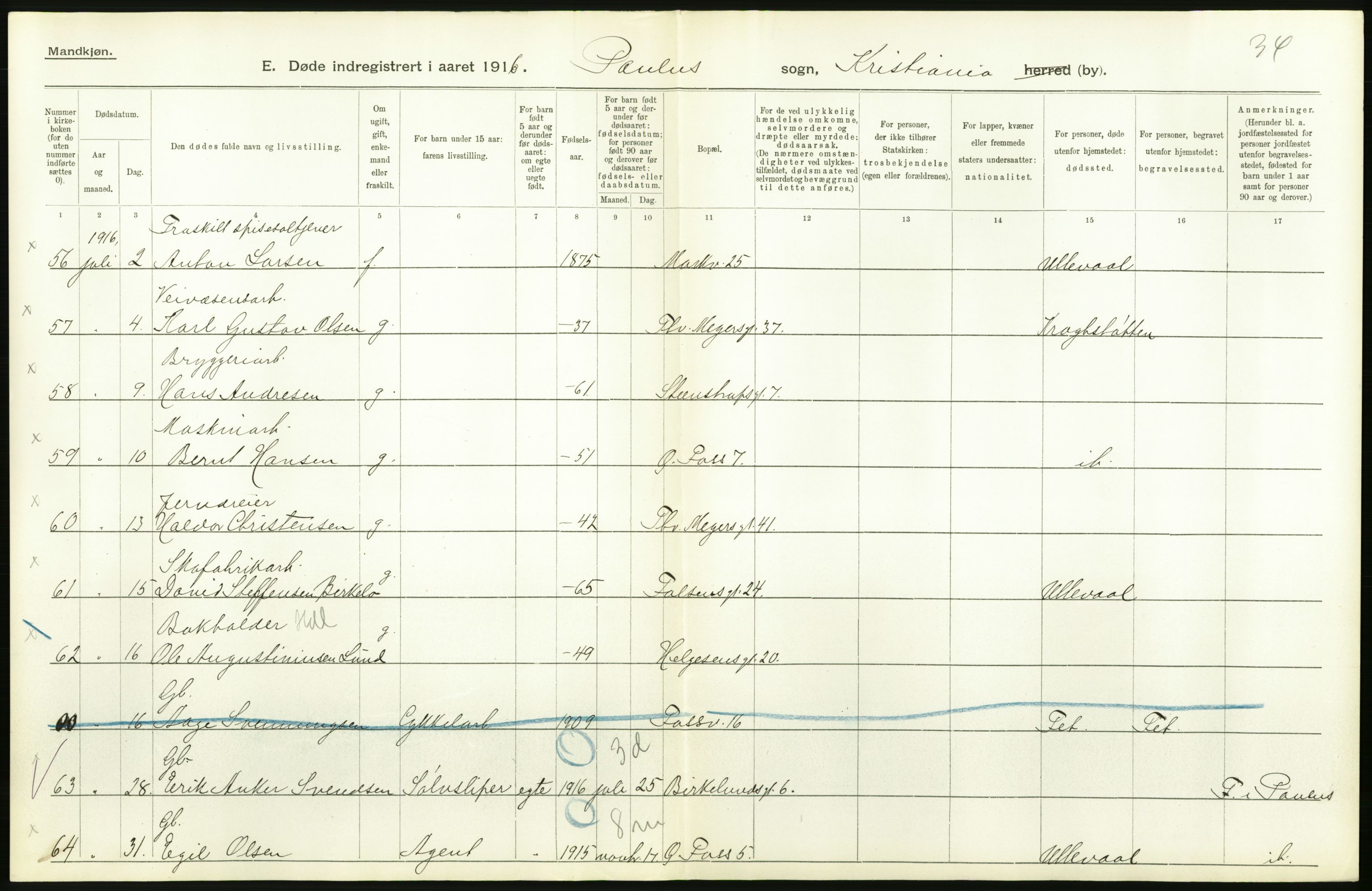 Statistisk sentralbyrå, Sosiodemografiske emner, Befolkning, AV/RA-S-2228/D/Df/Dfb/Dfbf/L0009: Kristiania: Døde., 1916, s. 60