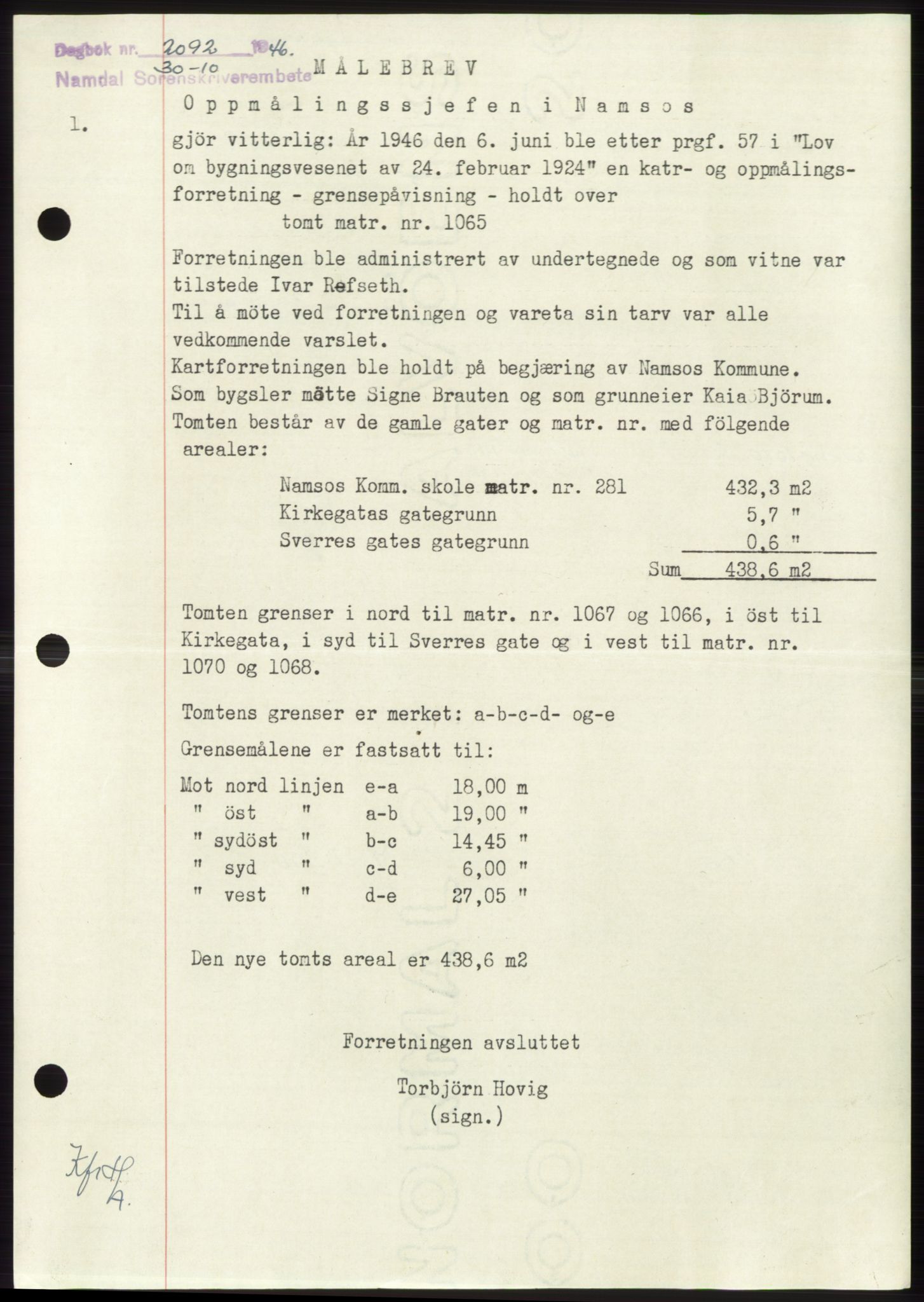 Namdal sorenskriveri, SAT/A-4133/1/2/2C: Pantebok nr. -, 1946-1947, Dagboknr: 2092/1946