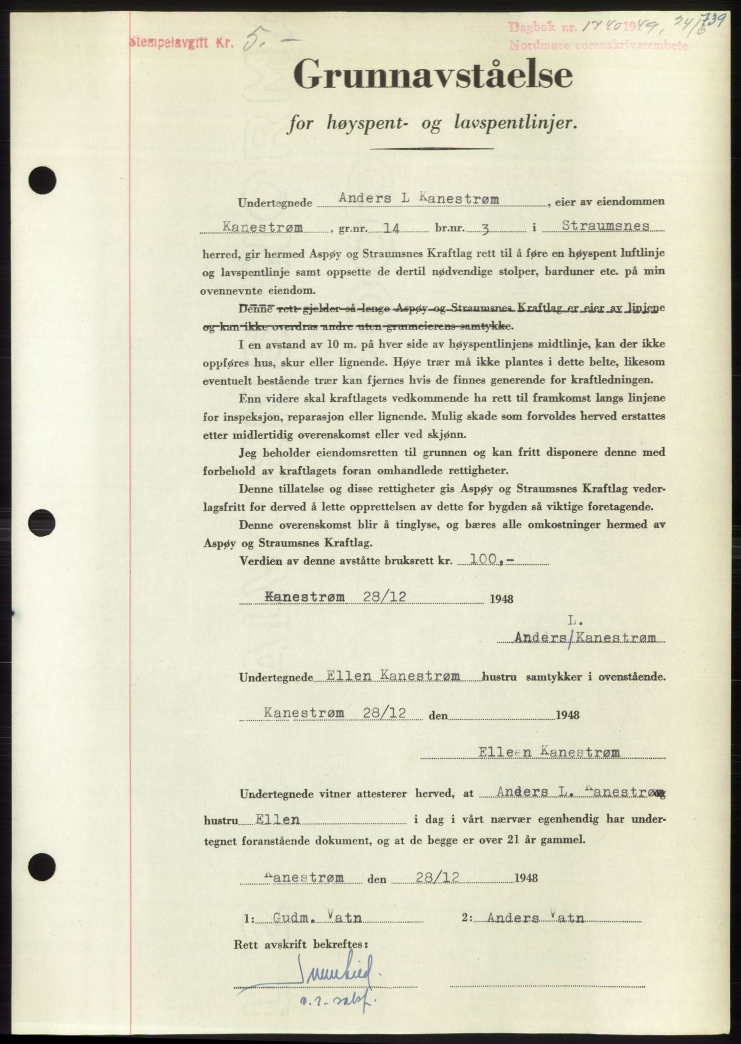 Nordmøre sorenskriveri, SAT/A-4132/1/2/2Ca: Pantebok nr. B101, 1949-1949, Dagboknr: 1740/1949