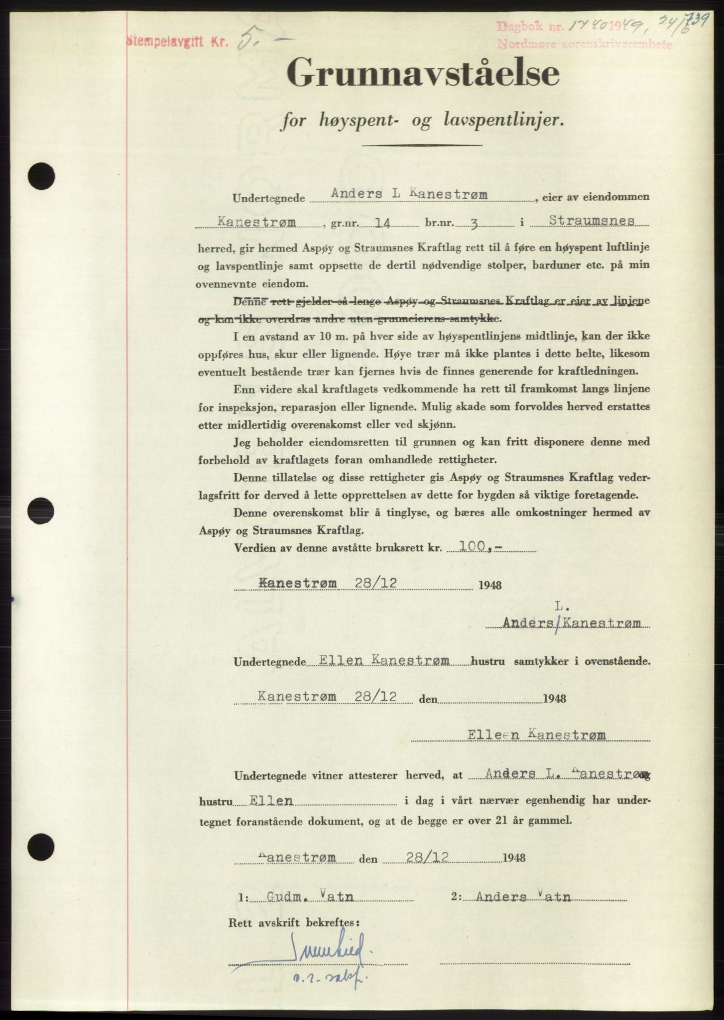 Nordmøre sorenskriveri, AV/SAT-A-4132/1/2/2Ca: Pantebok nr. B101, 1949-1949, Dagboknr: 1740/1949