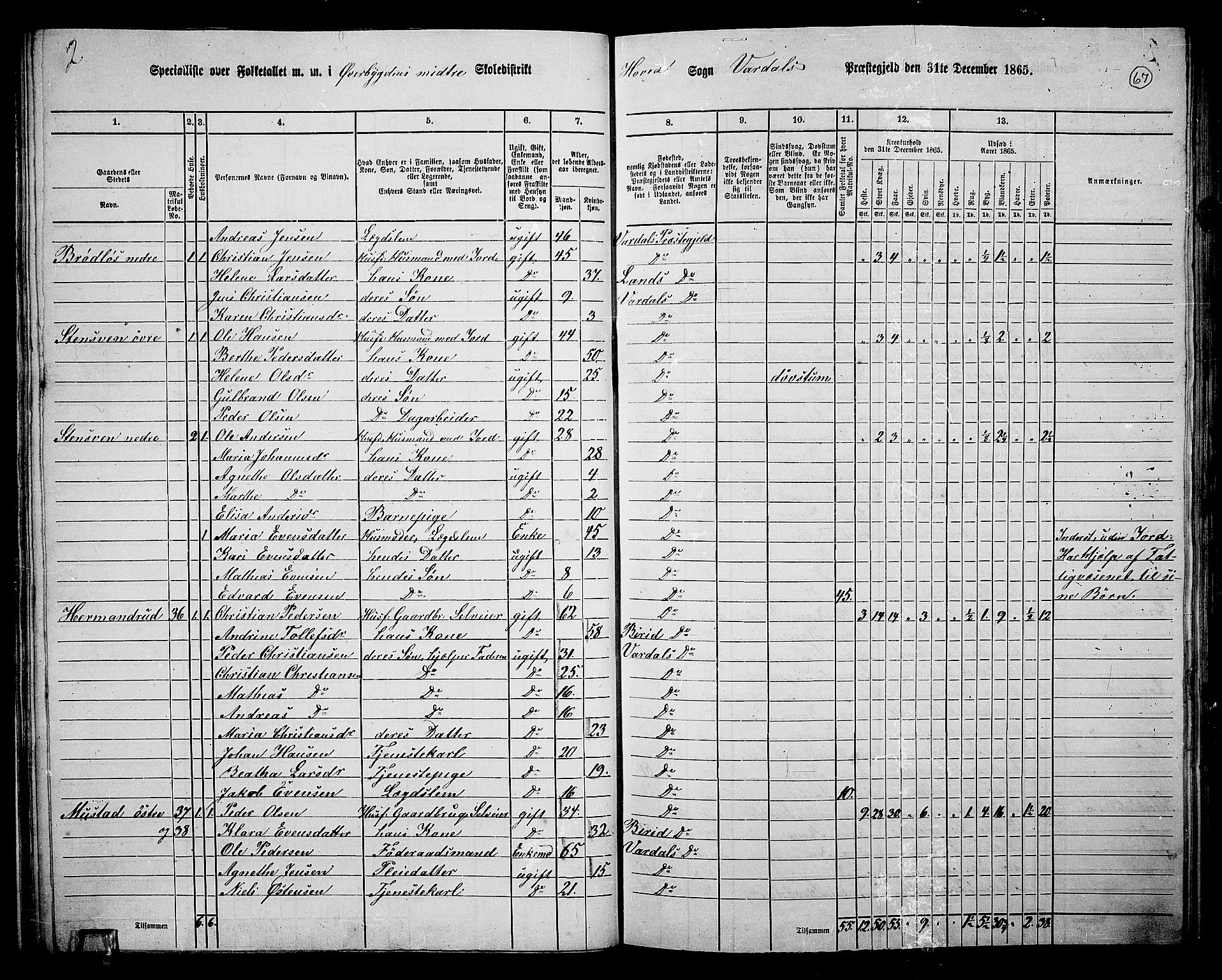 RA, Folketelling 1865 for 0527L Vardal prestegjeld, Vardal sokn og Hunn sokn, 1865, s. 61