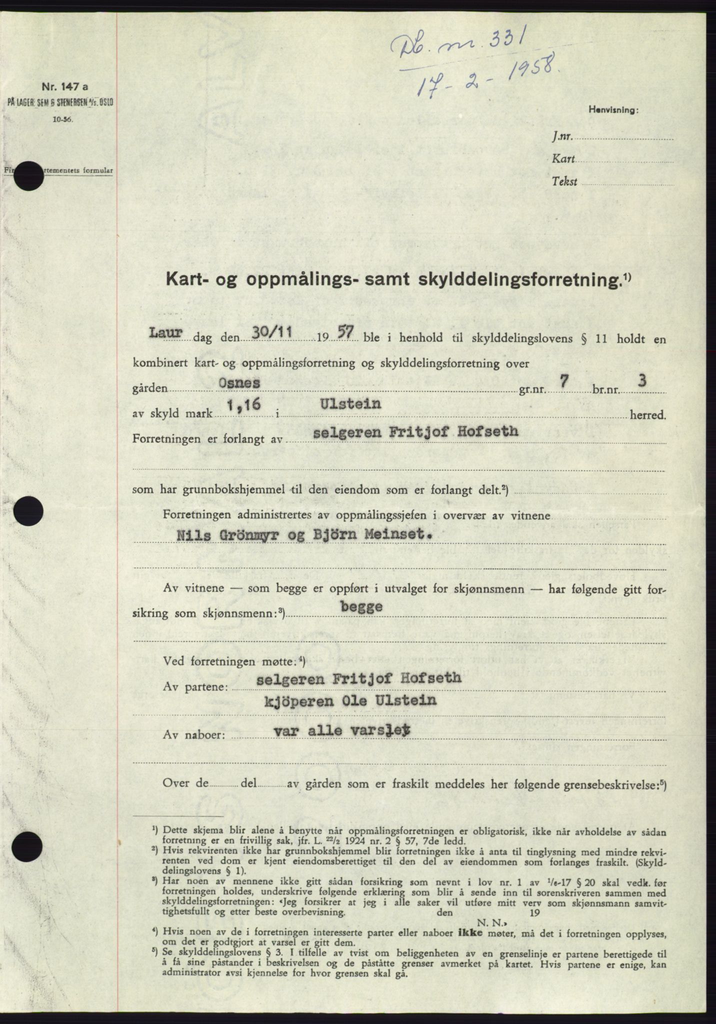 Søre Sunnmøre sorenskriveri, SAT/A-4122/1/2/2C/L0109: Pantebok nr. 35A, 1958-1958, Dagboknr: 331/1958