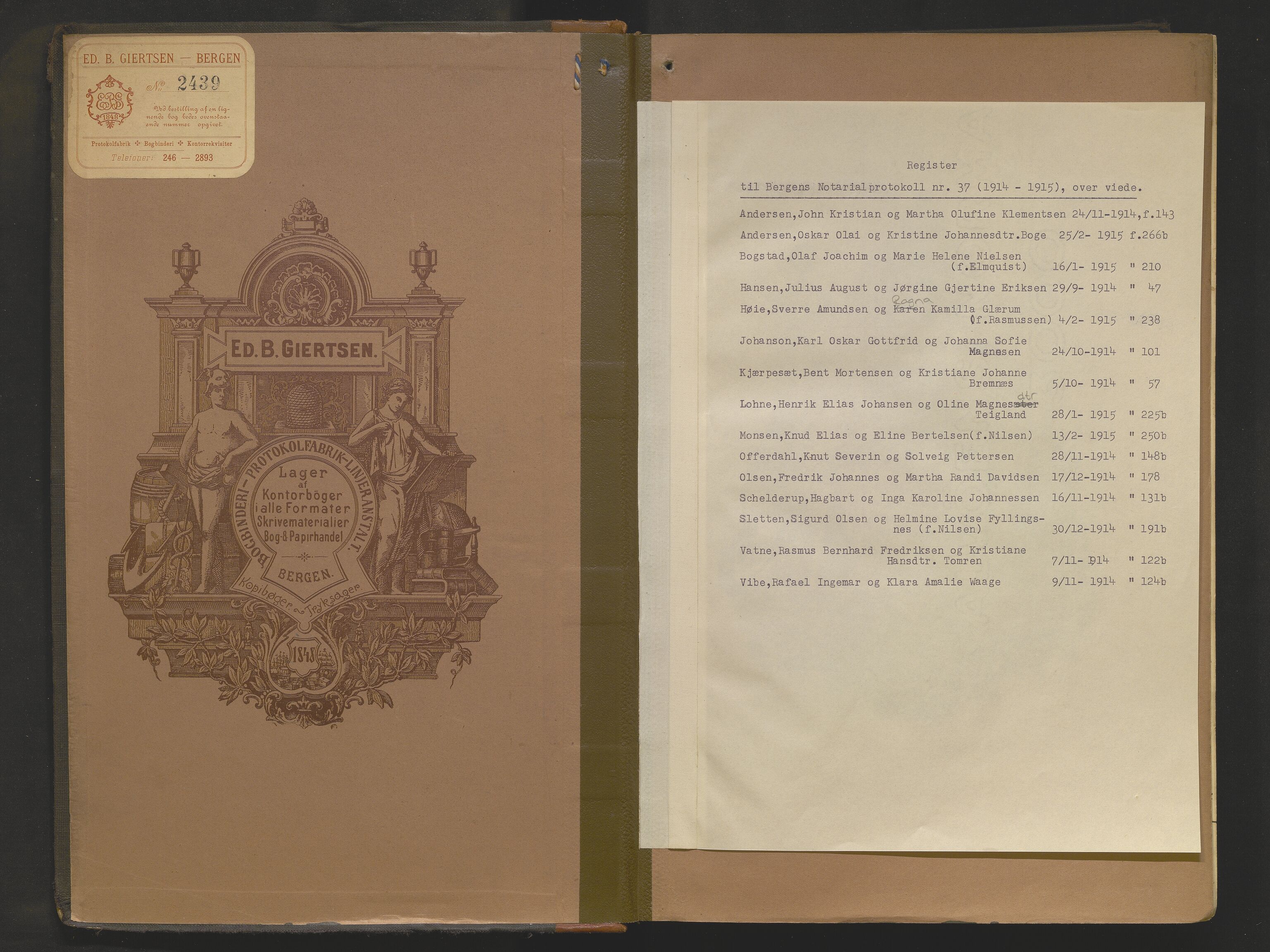 Byfogd og Byskriver i Bergen, SAB/A-3401/10/10A/L0037: Notarialprotokoller, 1914-1915