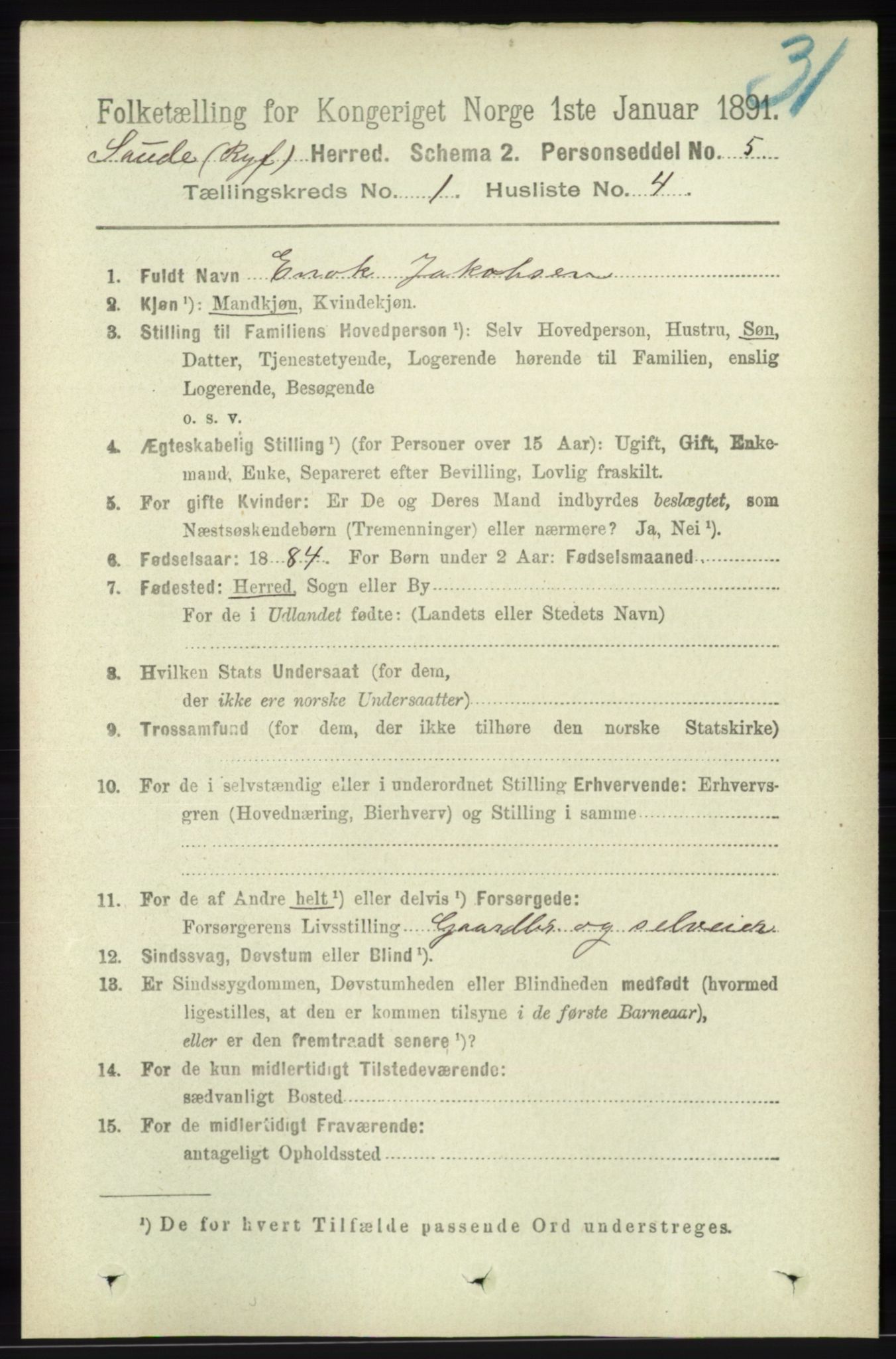 RA, Folketelling 1891 for 1135 Sauda herred, 1891, s. 123