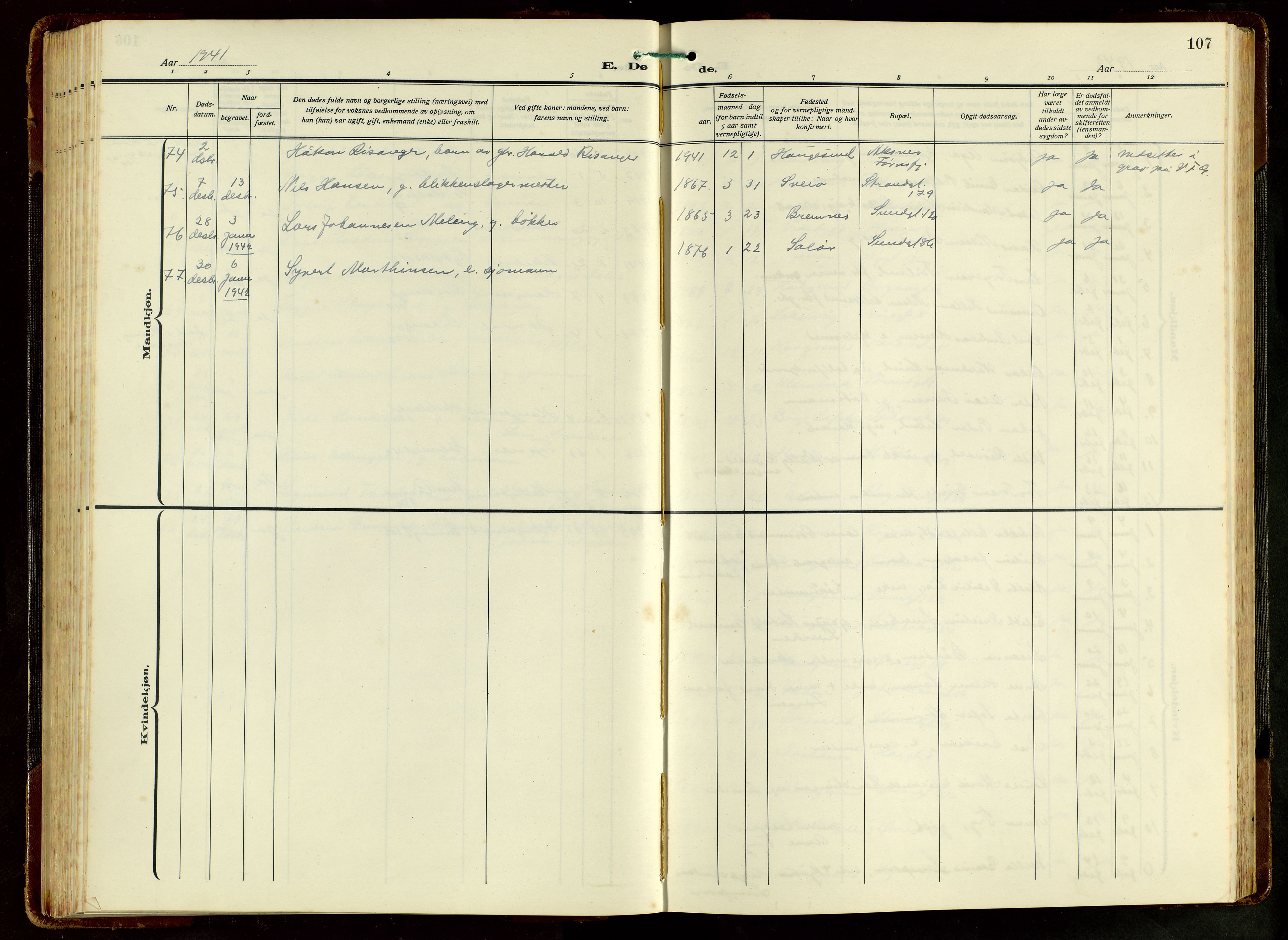 Haugesund sokneprestkontor, SAST/A -101863/H/Ha/Hab/L0012: Klokkerbok nr. B 12, 1930-1958, s. 107