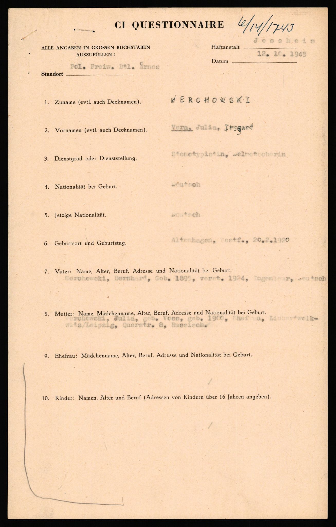 Forsvaret, Forsvarets overkommando II, RA/RAFA-3915/D/Db/L0035: CI Questionaires. Tyske okkupasjonsstyrker i Norge. Tyskere., 1945-1946, s. 384