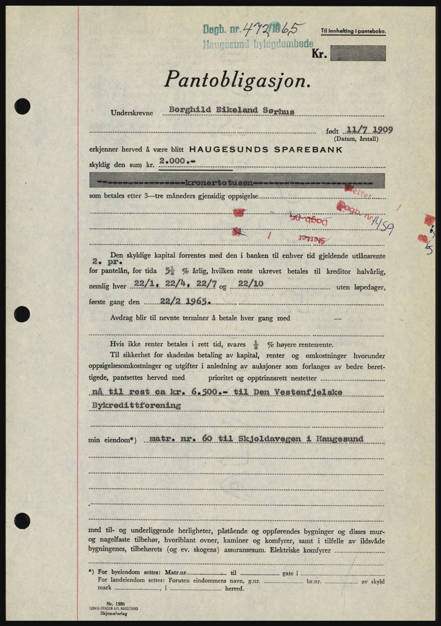 Haugesund tingrett, SAST/A-101415/01/II/IIC/L0053: Pantebok nr. B 53, 1965-1965, Dagboknr: 472/1965