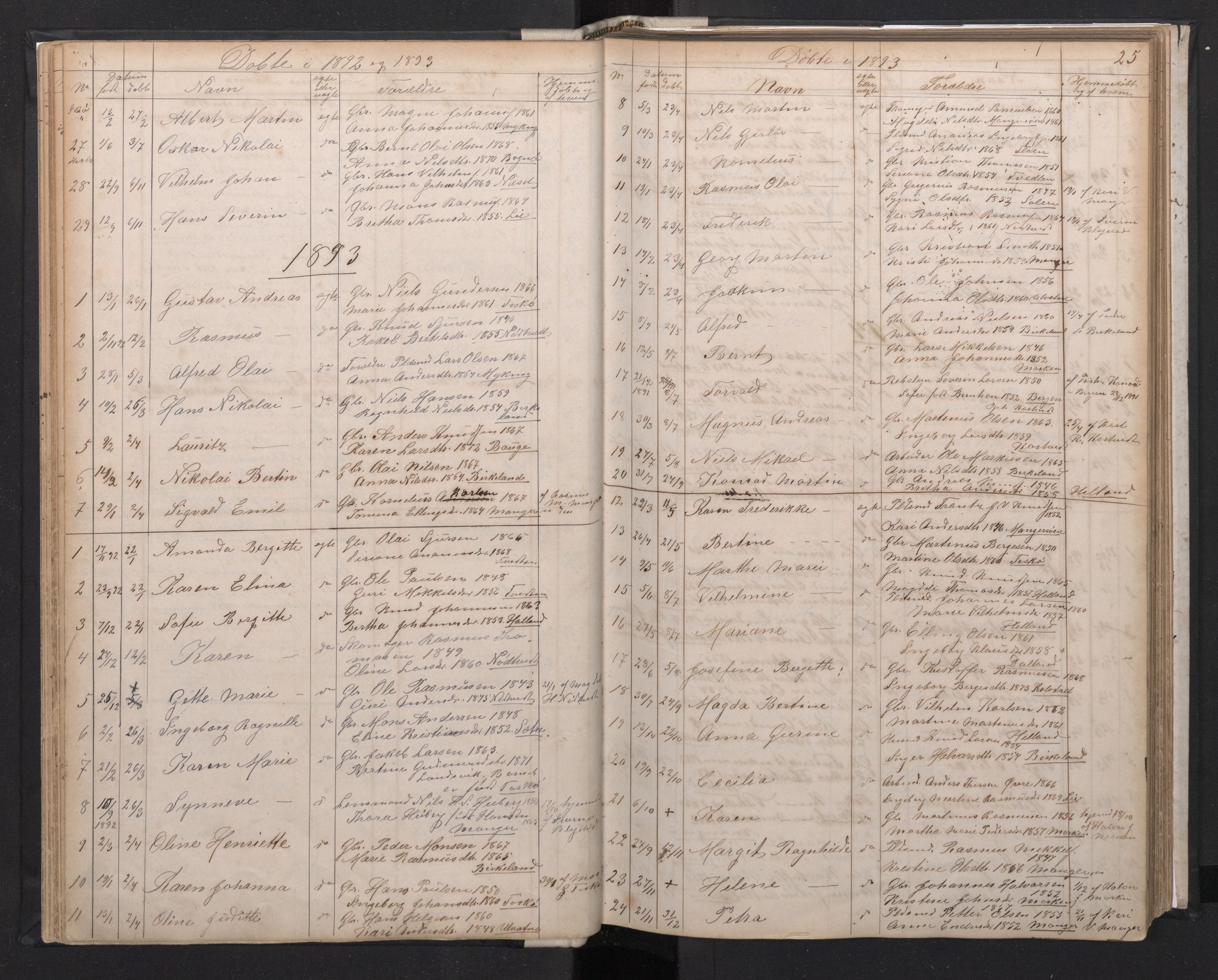Manger sokneprestembete, AV/SAB-A-76801/H/Hab: Klokkerbok nr. A 1, 1874-1901, s. 24b-25a