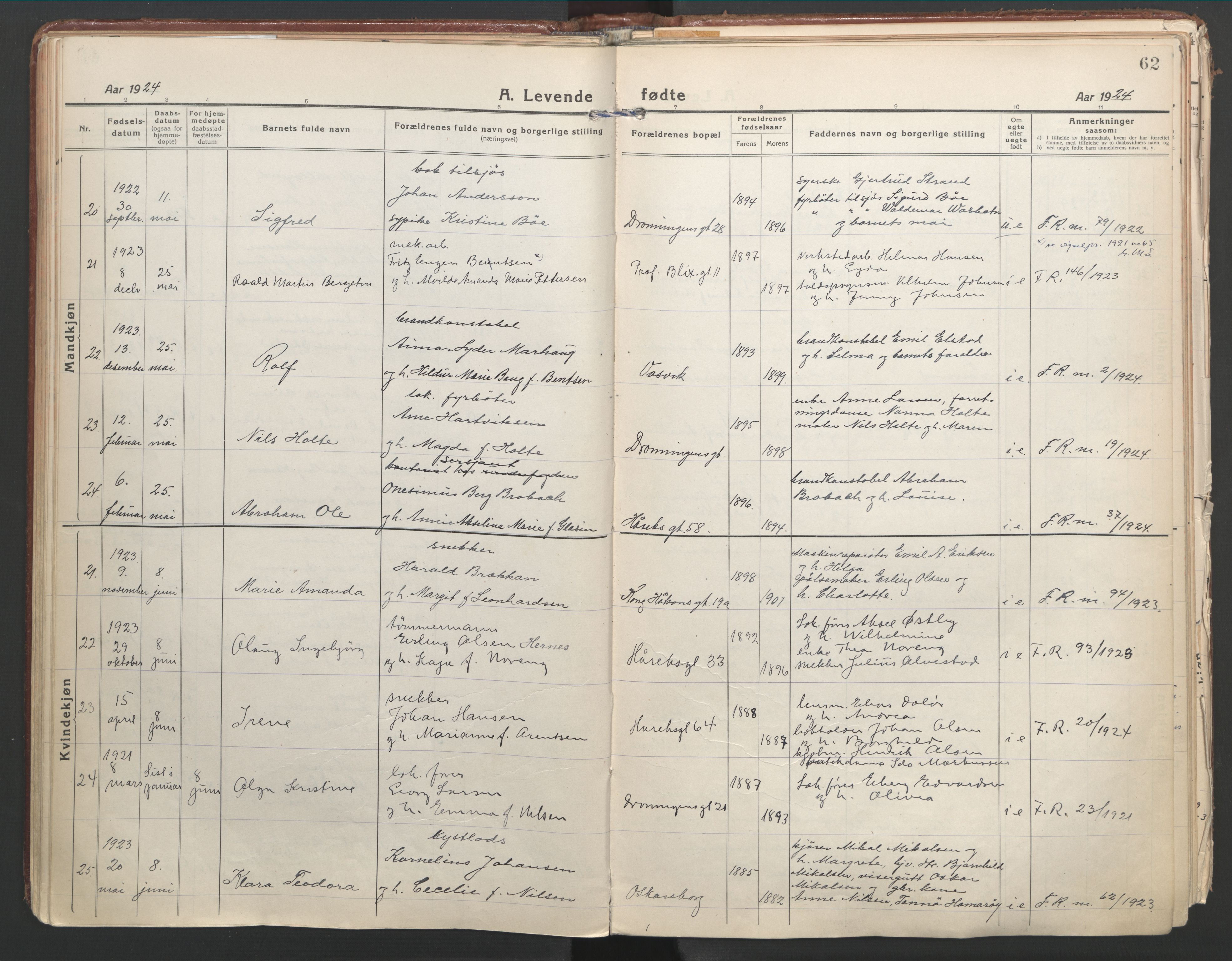 Ministerialprotokoller, klokkerbøker og fødselsregistre - Nordland, AV/SAT-A-1459/871/L1003: Ministerialbok nr. 871A19, 1921-1930, s. 62
