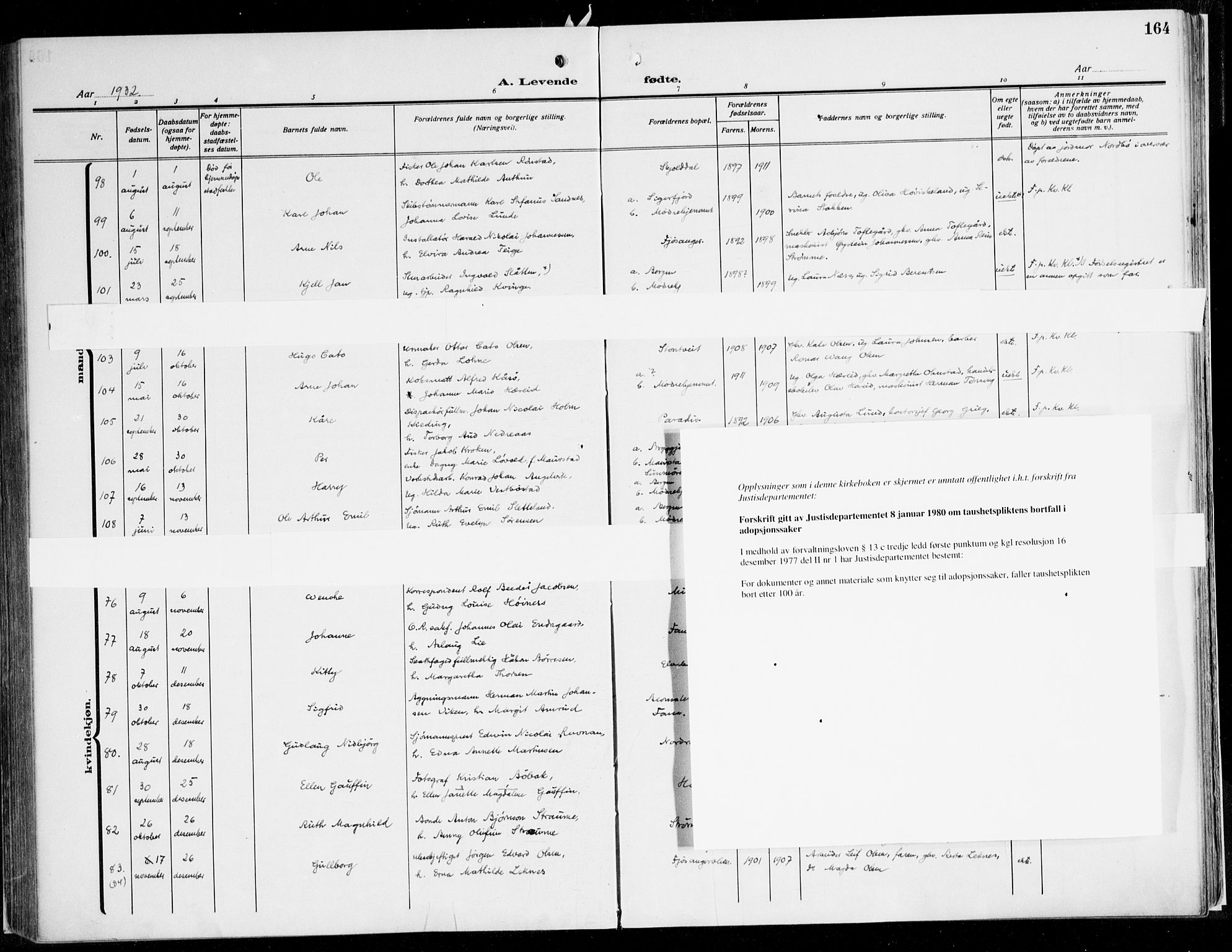 Fana Sokneprestembete, AV/SAB-A-75101/H/Haa/Haaj/L0001: Ministerialbok nr. J 1, 1921-1935, s. 164