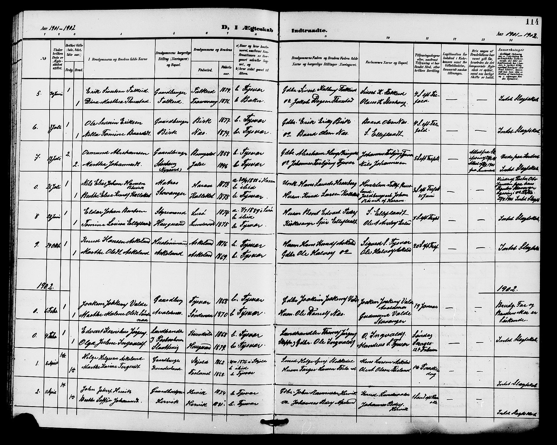 Tysvær sokneprestkontor, SAST/A -101864/H/Ha/Haa/L0008: Ministerialbok nr. A 8, 1897-1912, s. 114