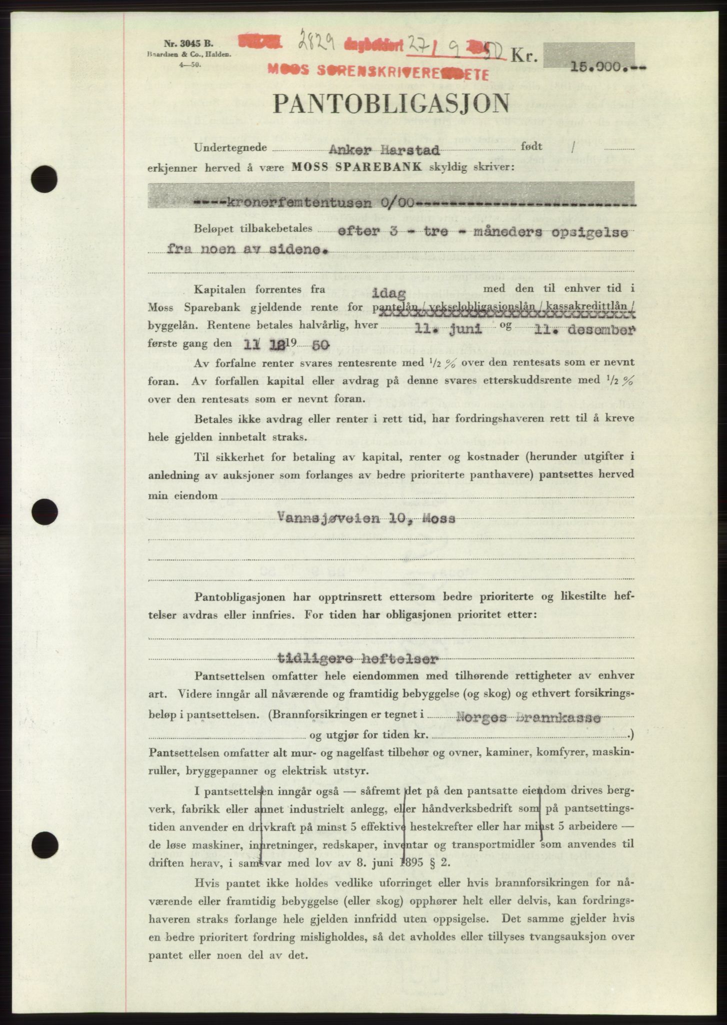 Moss sorenskriveri, SAO/A-10168: Pantebok nr. B25, 1950-1950, Dagboknr: 2829/1950