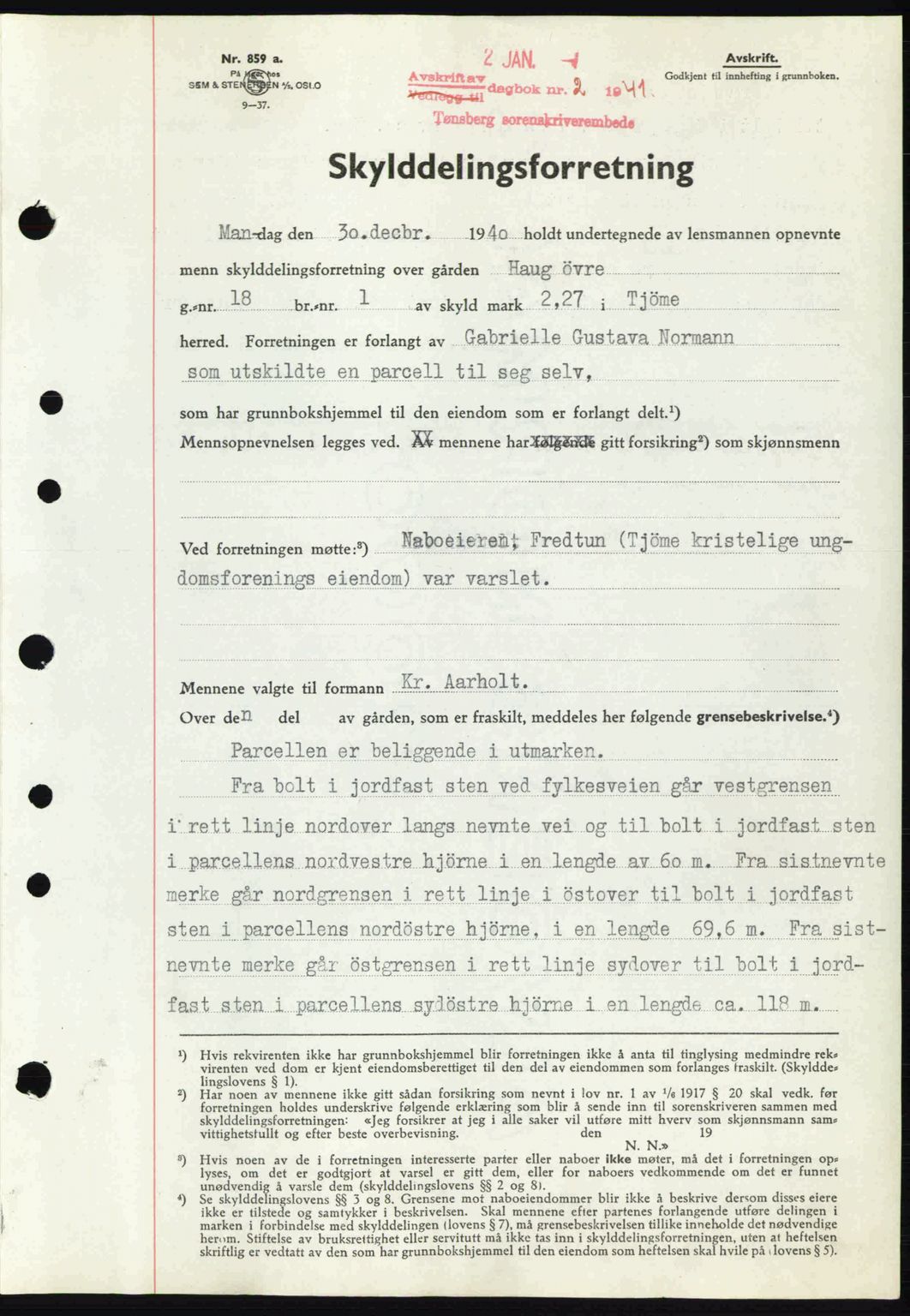 Tønsberg sorenskriveri, AV/SAKO-A-130/G/Ga/Gaa/L0009: Pantebok nr. A9, 1940-1941, Dagboknr: 2/1941