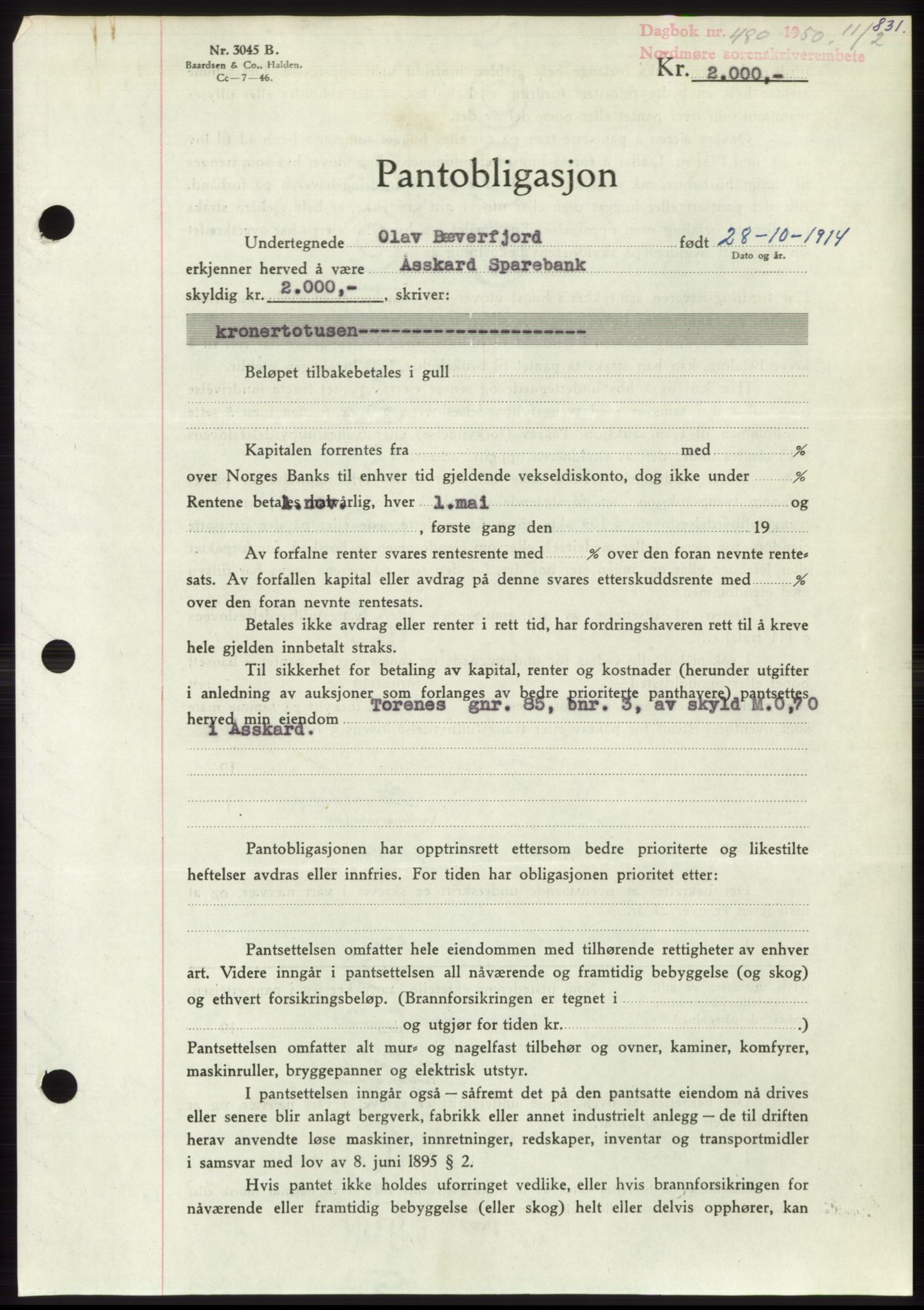 Nordmøre sorenskriveri, AV/SAT-A-4132/1/2/2Ca: Pantebok nr. B103, 1949-1950, Dagboknr: 480/1950