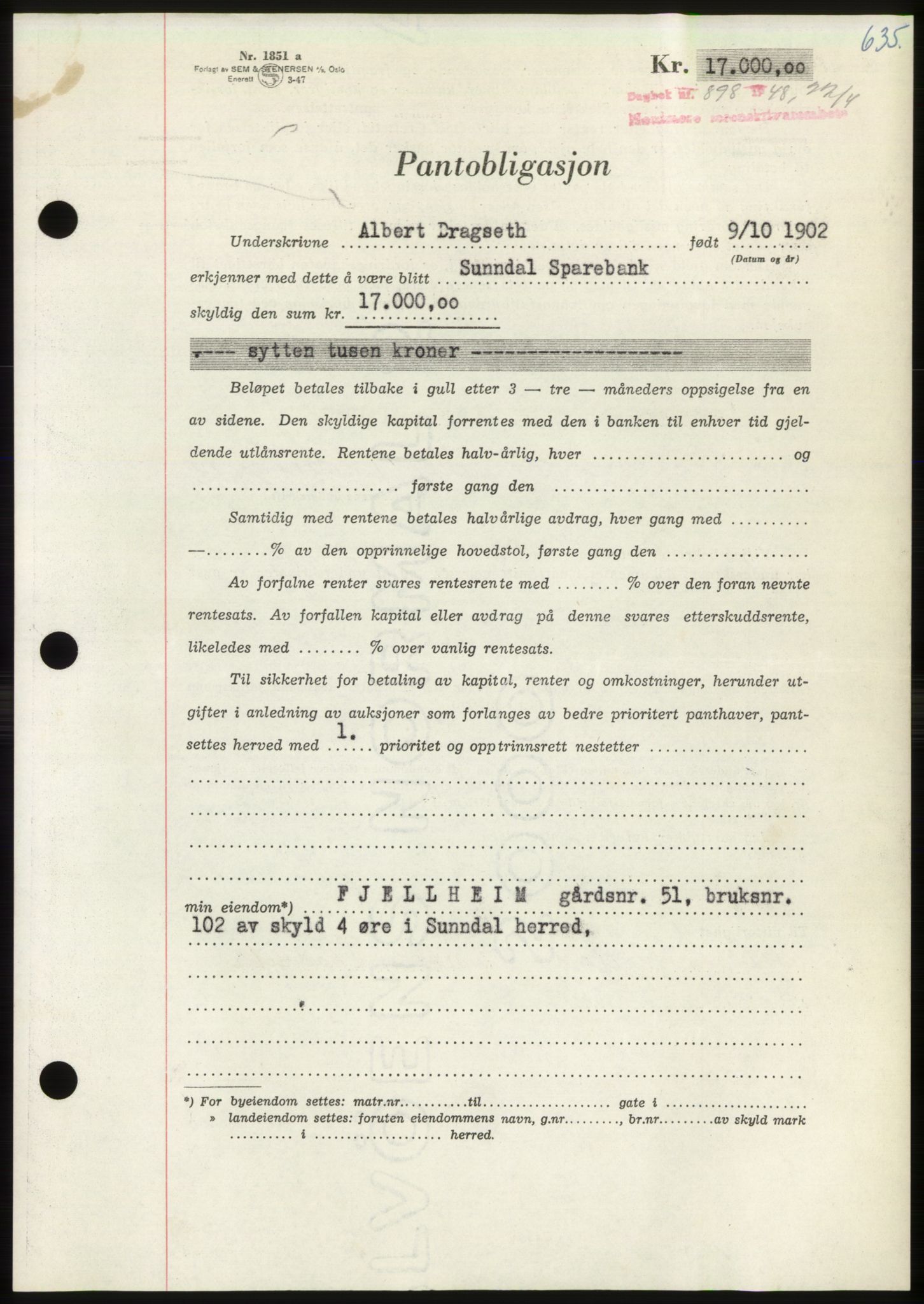 Nordmøre sorenskriveri, AV/SAT-A-4132/1/2/2Ca: Pantebok nr. B98, 1948-1948, Dagboknr: 898/1948