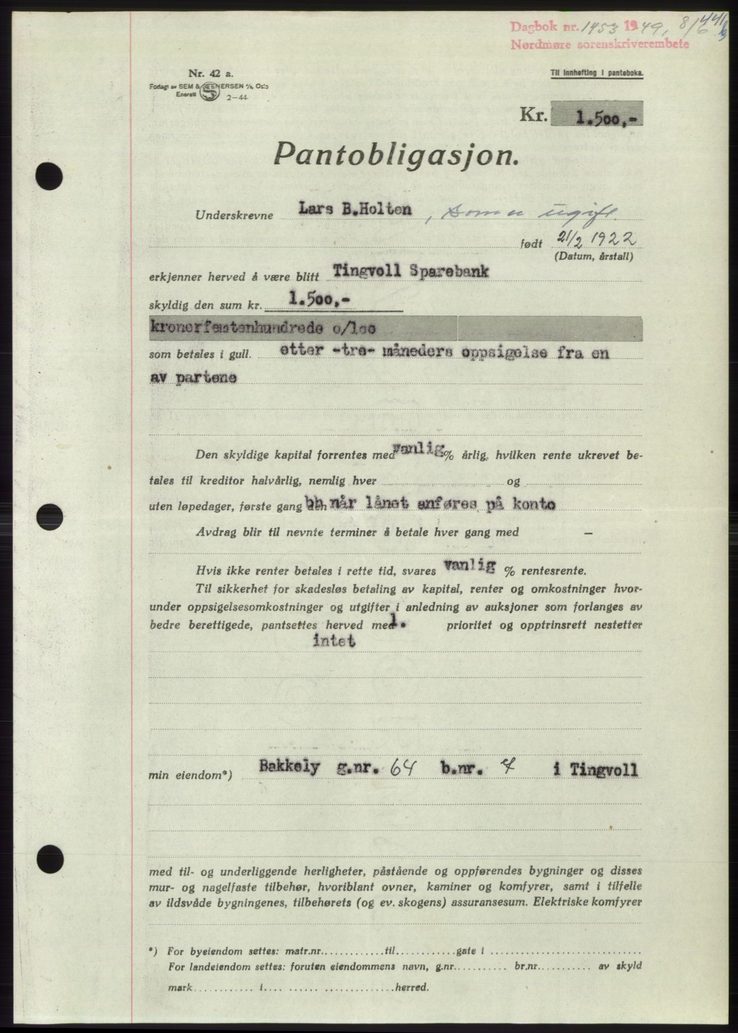 Nordmøre sorenskriveri, SAT/A-4132/1/2/2Ca: Pantebok nr. B101, 1949-1949, Dagboknr: 1453/1949