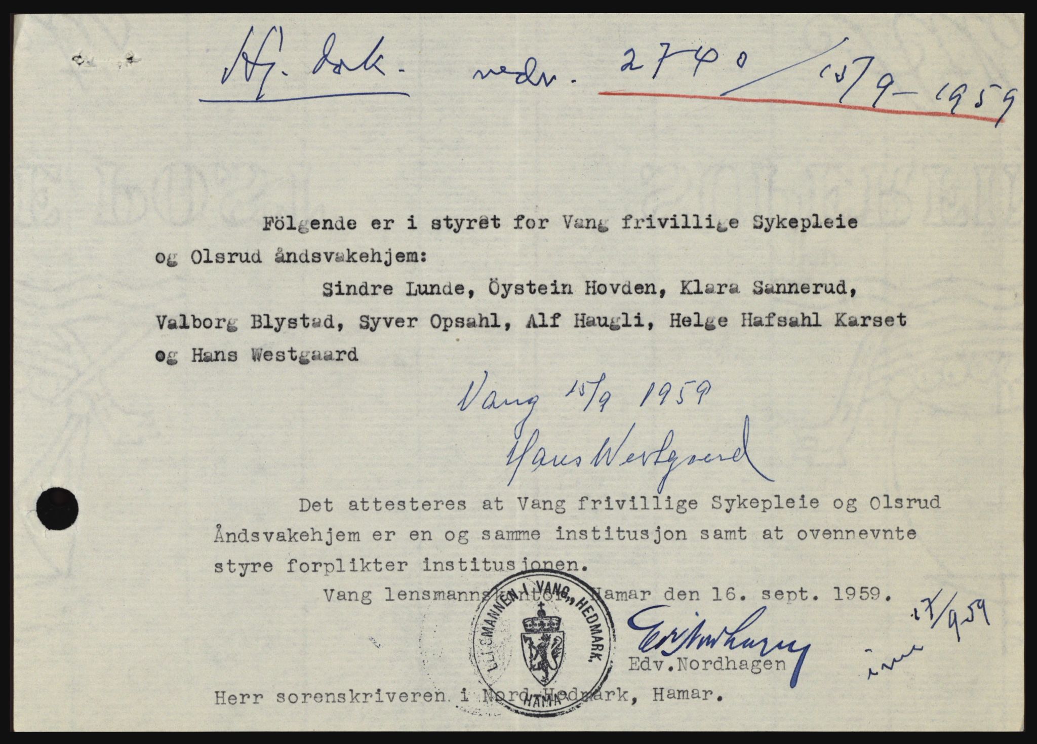 Nord-Hedmark sorenskriveri, SAH/TING-012/H/Hc/L0013: Pantebok nr. 13, 1959-1960, Dagboknr: 2740/1959
