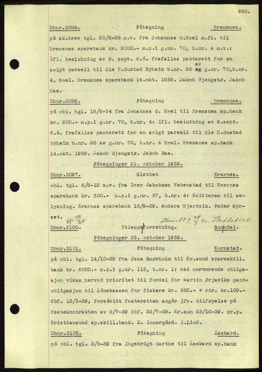 Nordmøre sorenskriveri, SAT/A-4132/1/2/2Ca: Pantebok nr. C80, 1936-1939, Dagboknr: 3088/1939